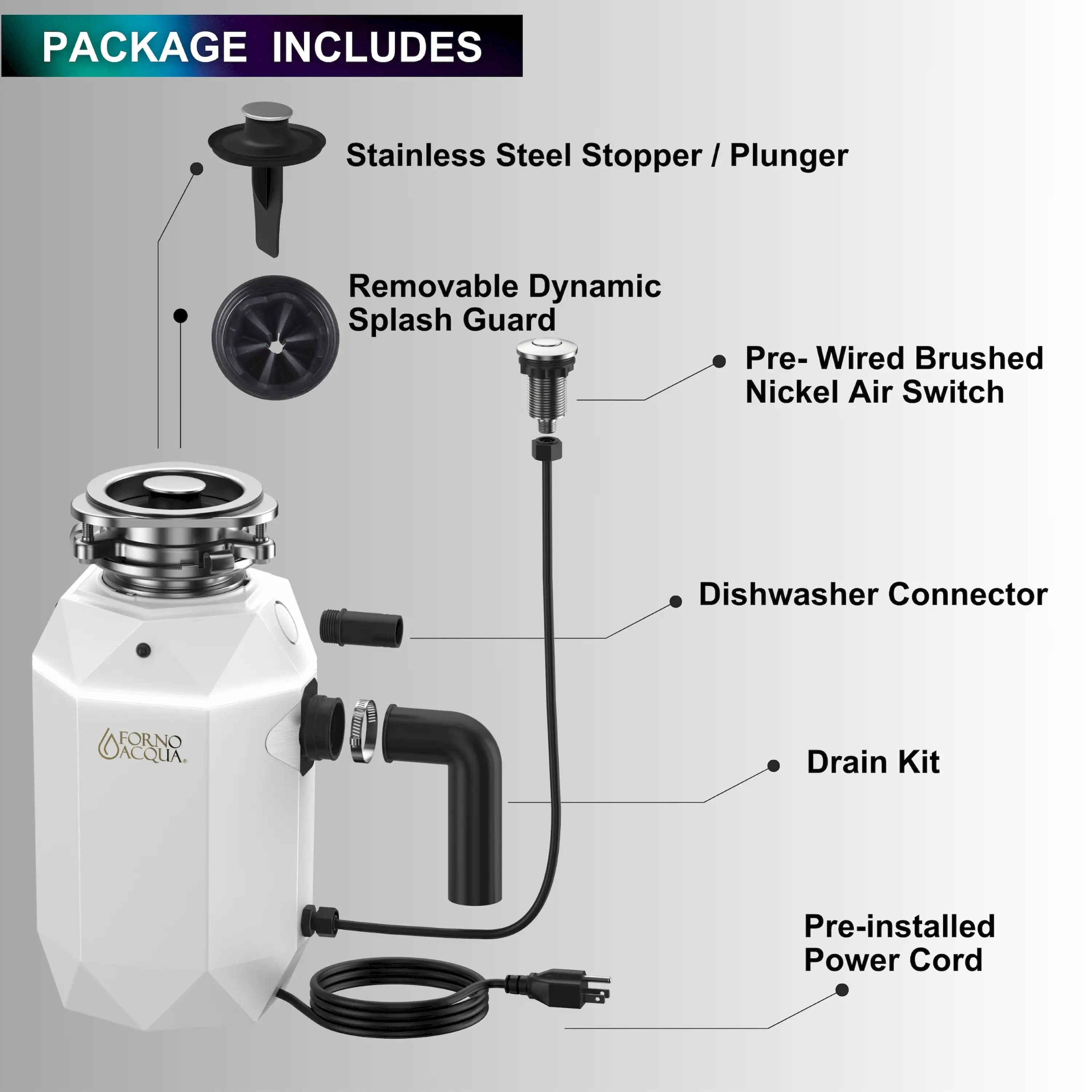 Garbage disposal kit showing plunger, air switch, drain kit, and power cord