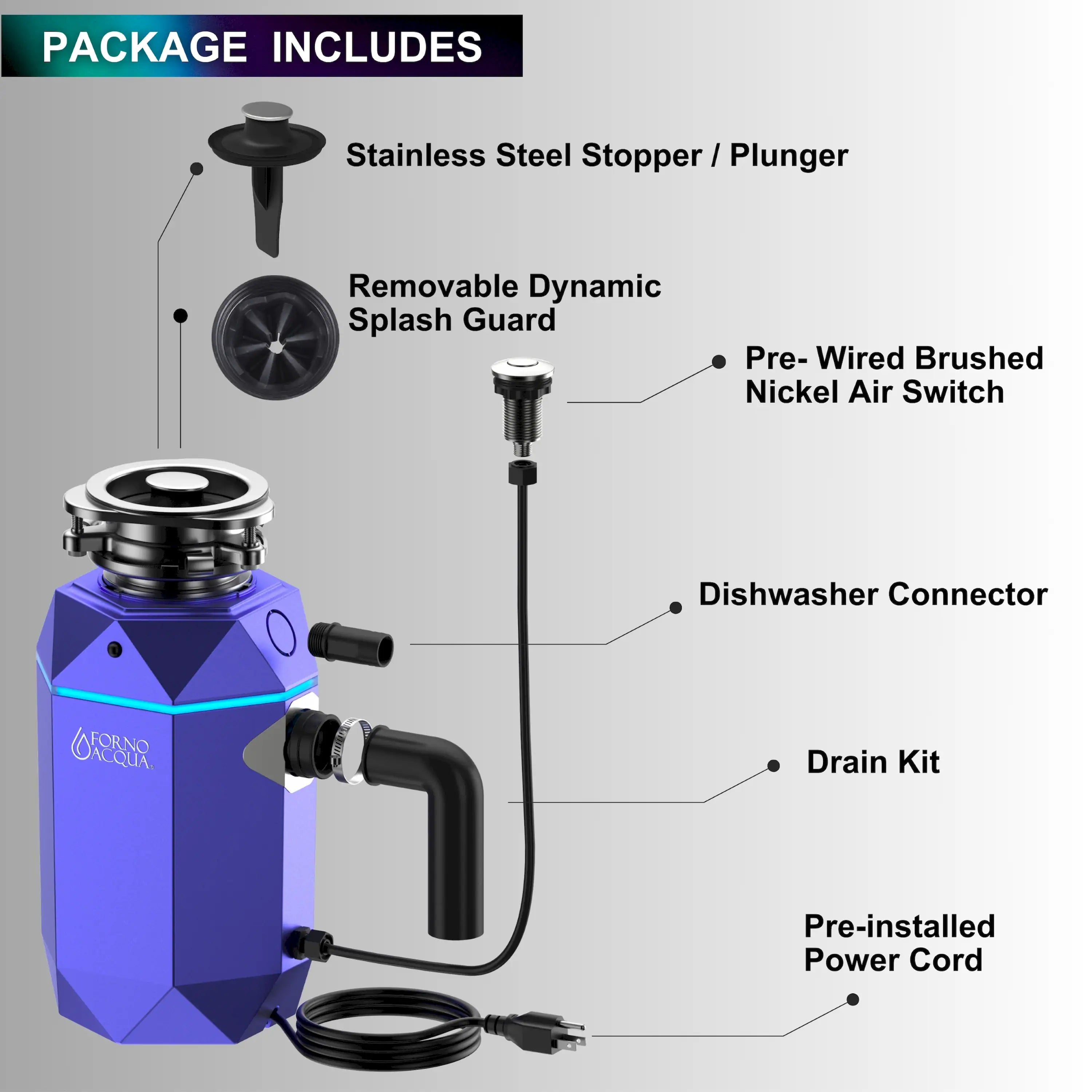 Amethyst garbage disposal with stainless steel plunger and removable splash guard