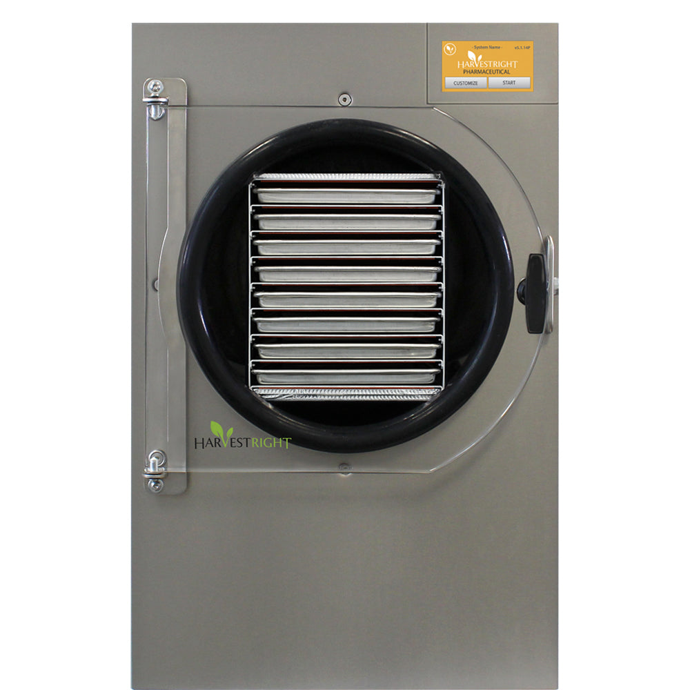 Pharmaceutical freeze dryer front door with circular black chamber and metal fins