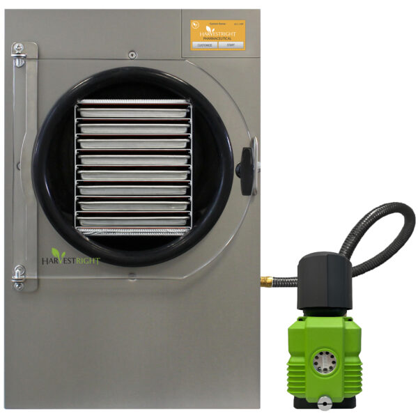 Stainless steel freeze dryer front panel with vent grille and vacuum pump hose