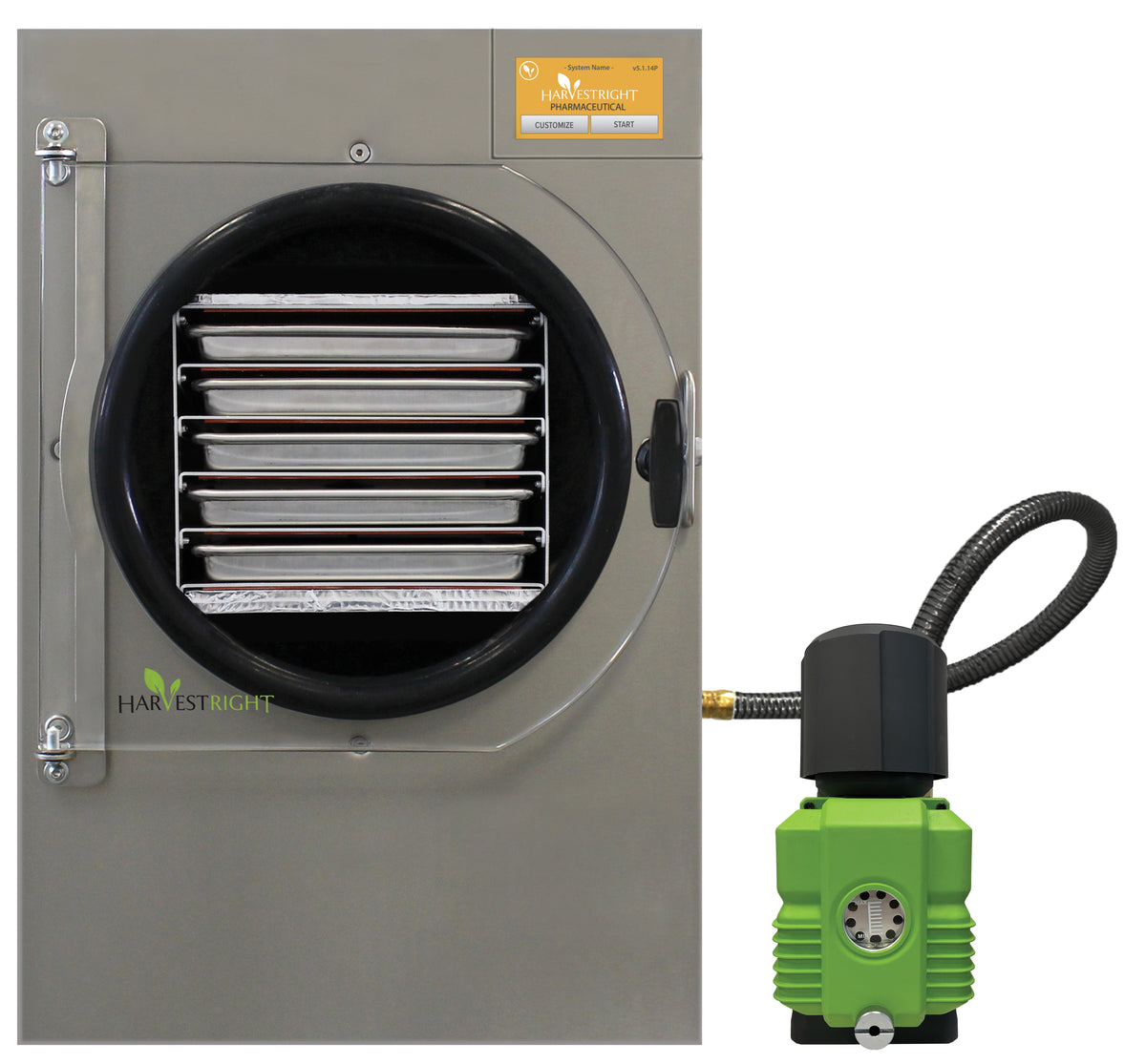 Pharmaceutical freeze dryer front door with black intake and shelf racks, with vacuum pump