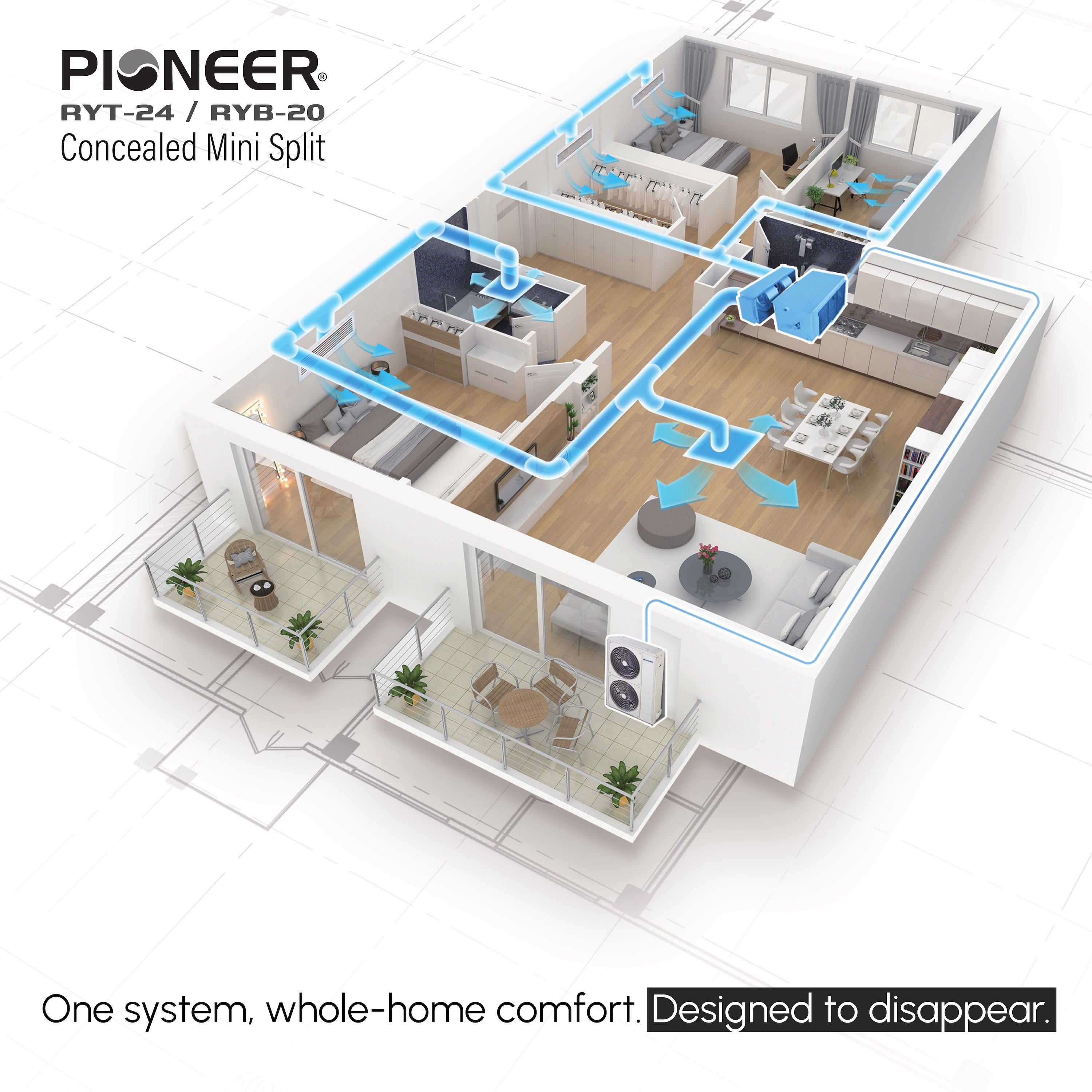 Concealed mini split system layout with indoor units and outdoor compressor, Pioneer-branded