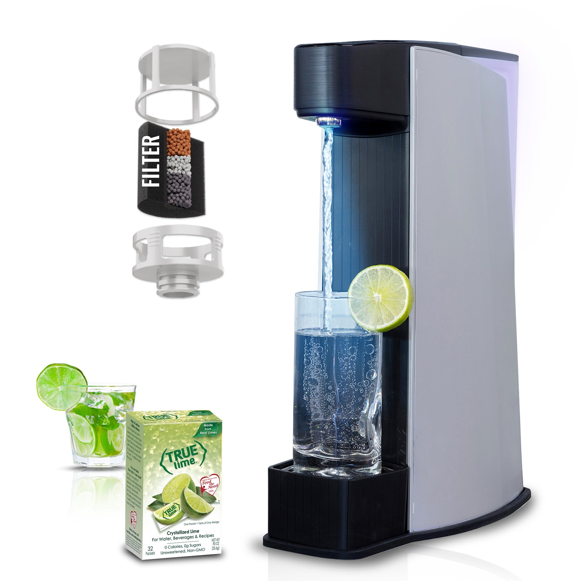 Silver sparkling water maker with filter cartridge and dispensing parts, plus lemon garnish