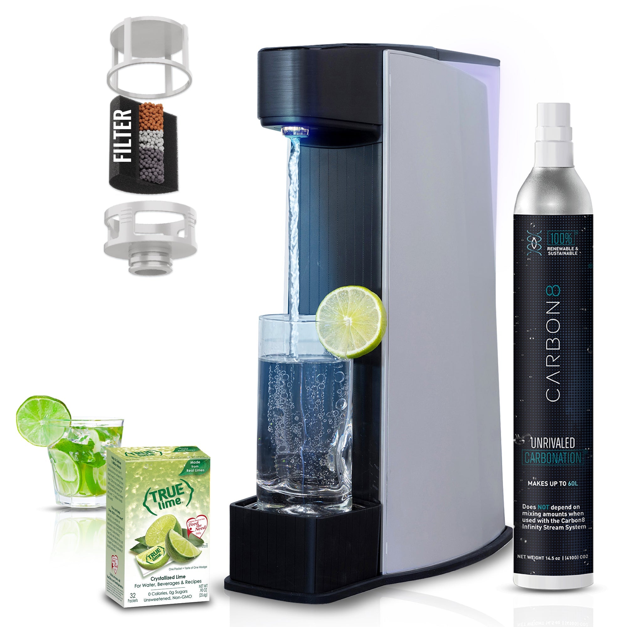 Carbon8 sparkling water maker with clear glass, lemon slice, CO2 bottle, and filter kit