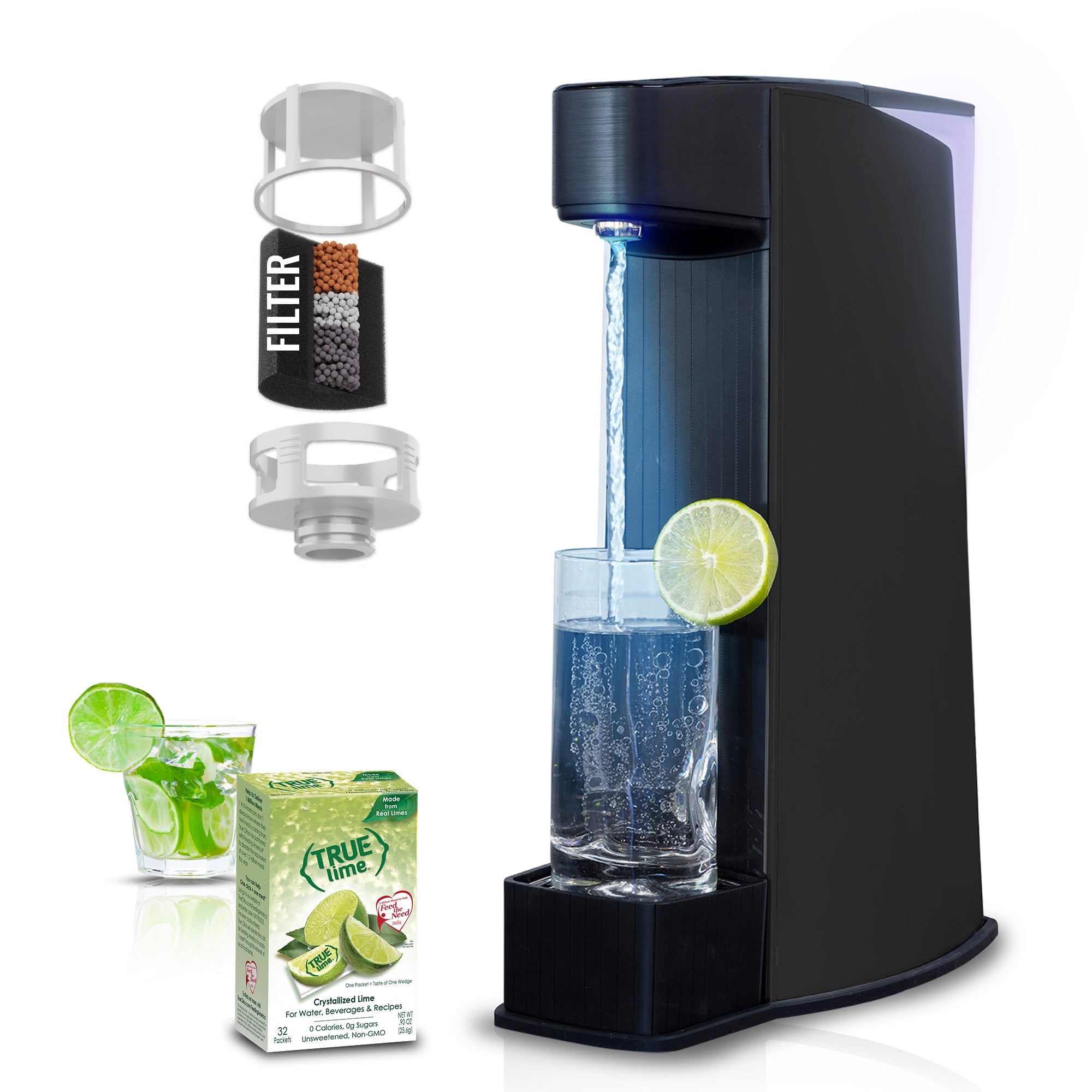 Black sparkling water maker with blue-lit stream, glass, lemon slice, and filter parts