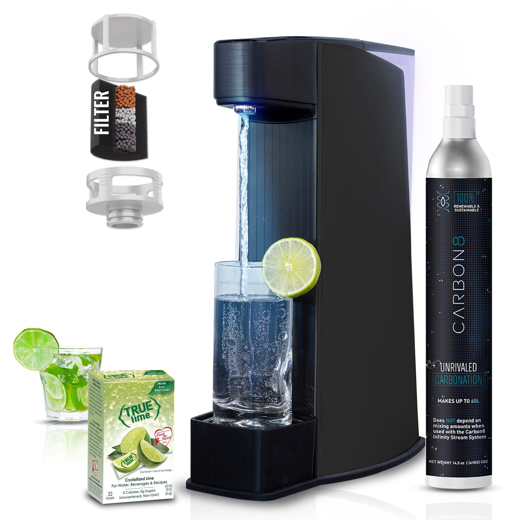 Black countertop sparkling water maker kit with filter and CO2 cylinder