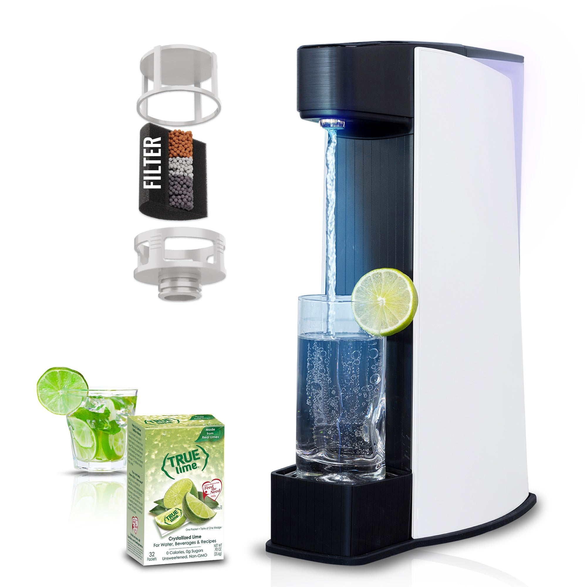 White sparkling water maker with filter cartridge and included accessory parts