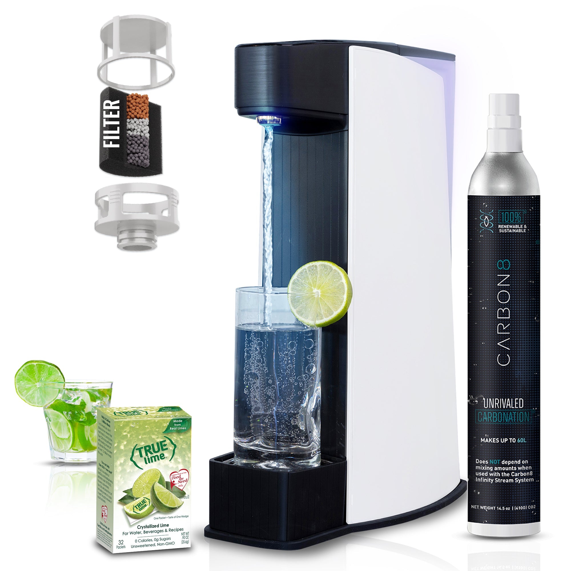 White sparkling water maker with glass, lemon slice, and dark CO2 cylinder