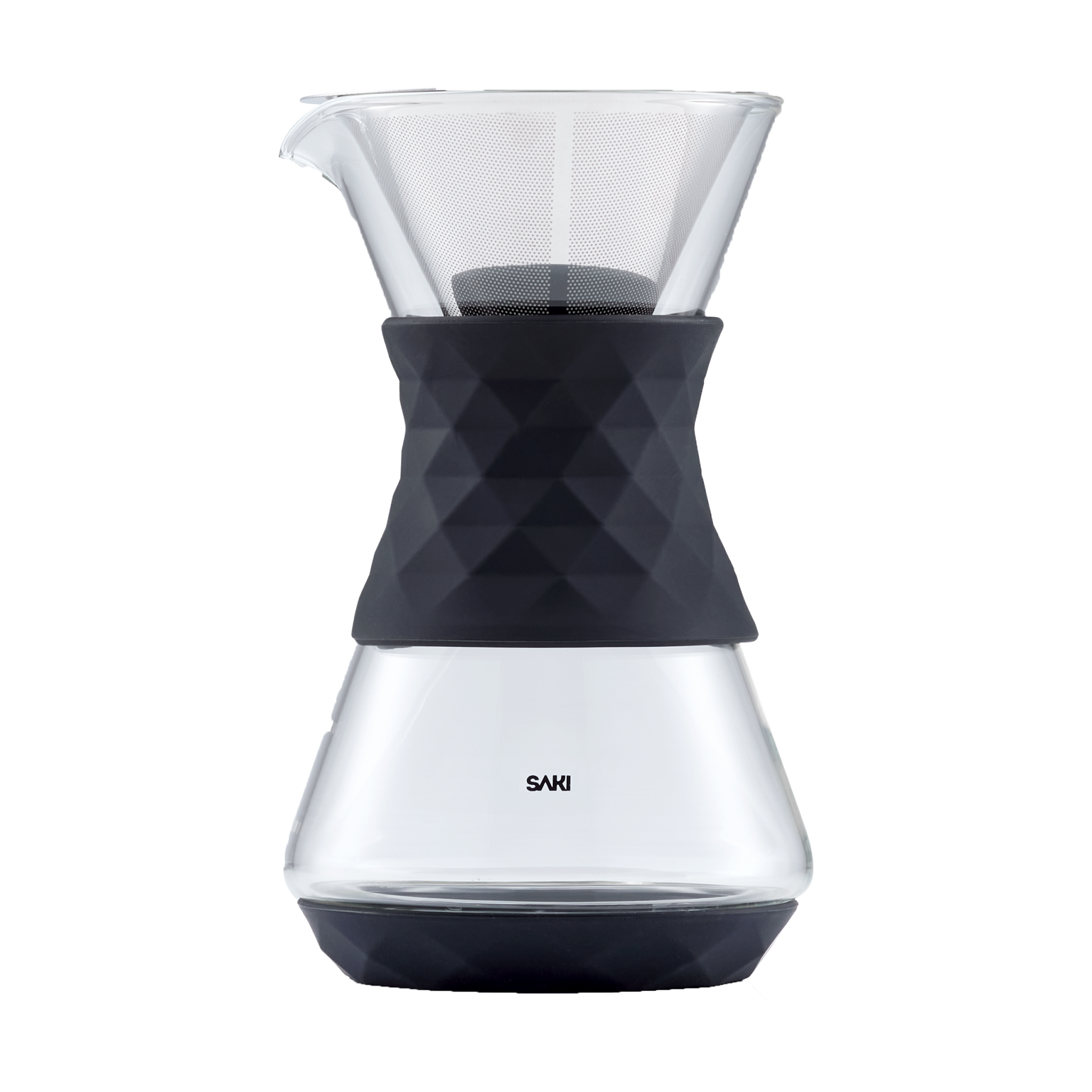 SAKI pour-over coffee dripper with double-layer stainless filter and dark base