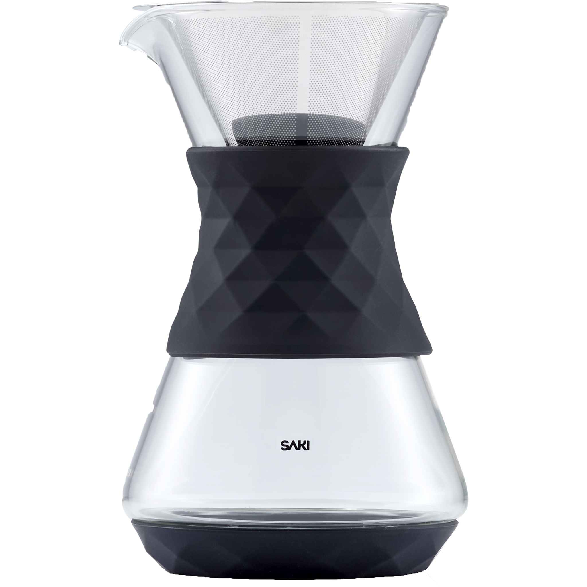 SAKI pour-over coffee dripper with stainless mesh filter and dark geometric holder