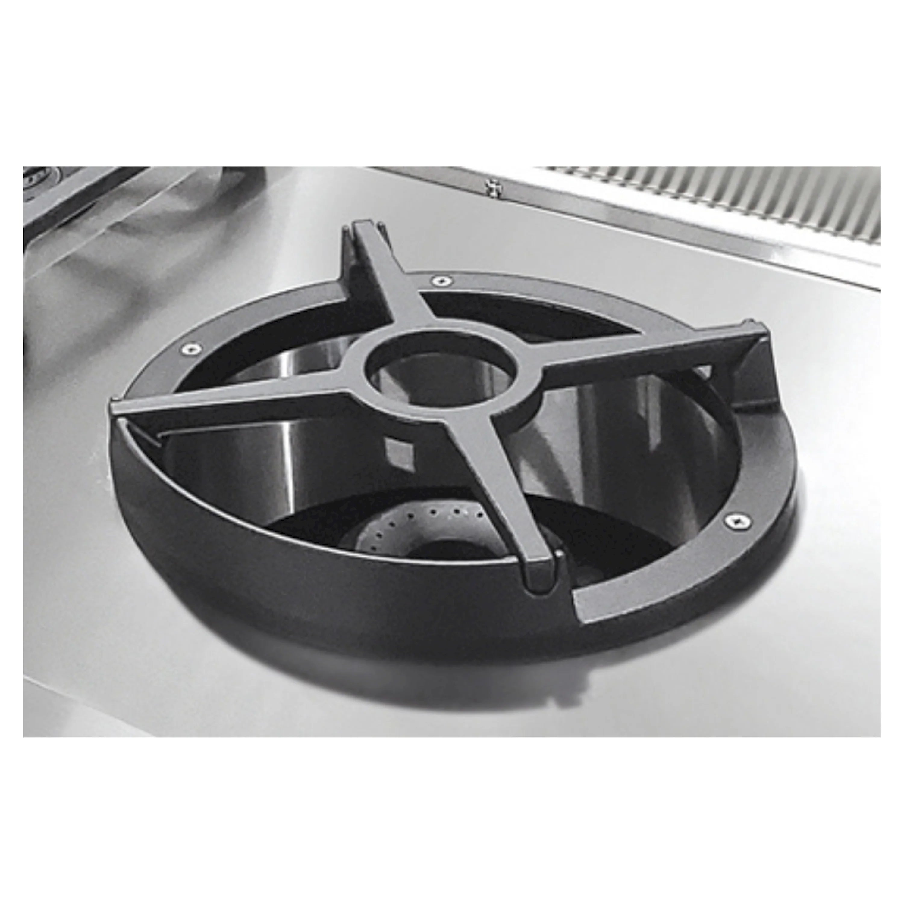 Sealed gas burner with black cast-iron grate and ring burner cap