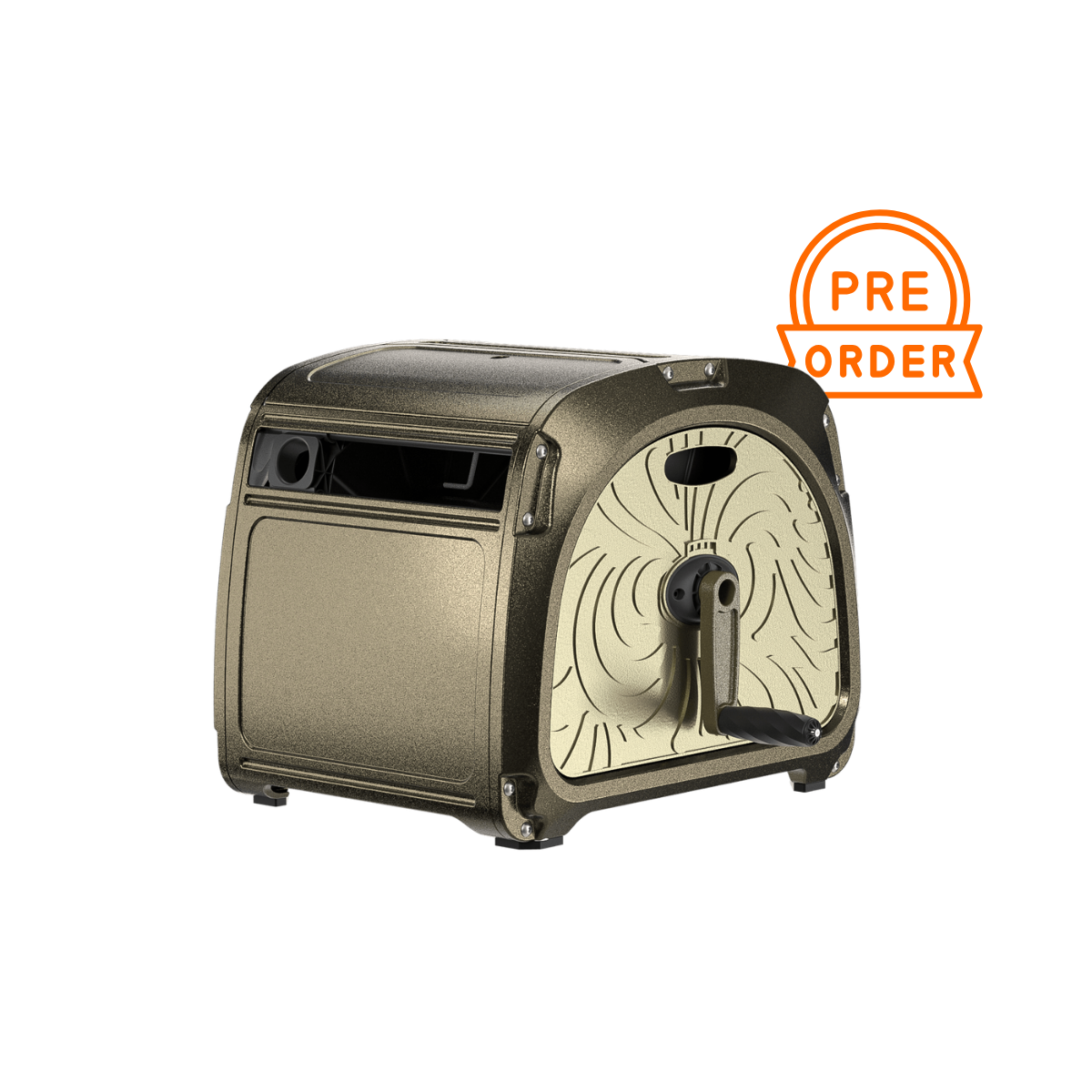 Garden hose reel box in dark metal with decorative drum panel and front hose port