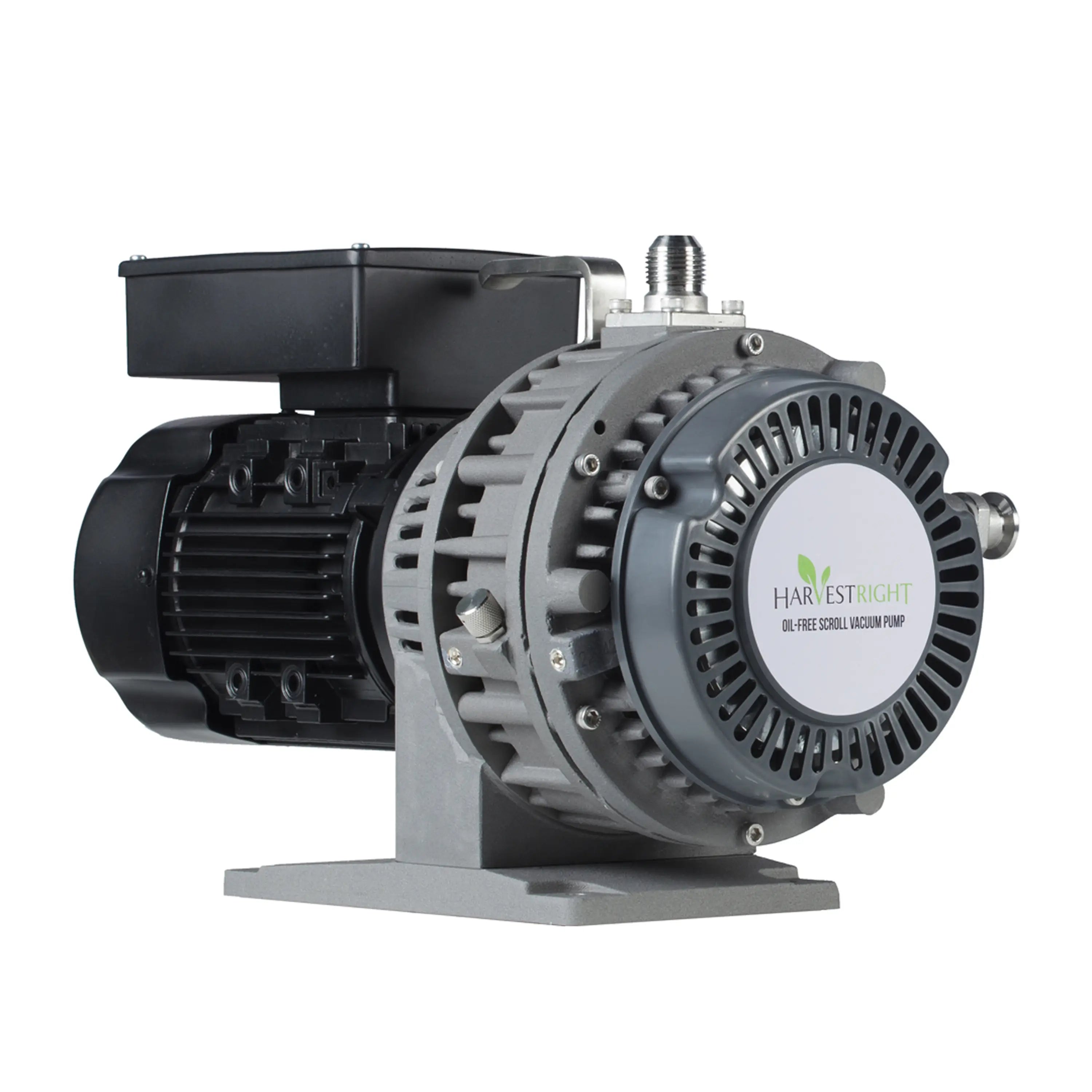 Oil-free vacuum pump side view with vented motor housing and inlet body