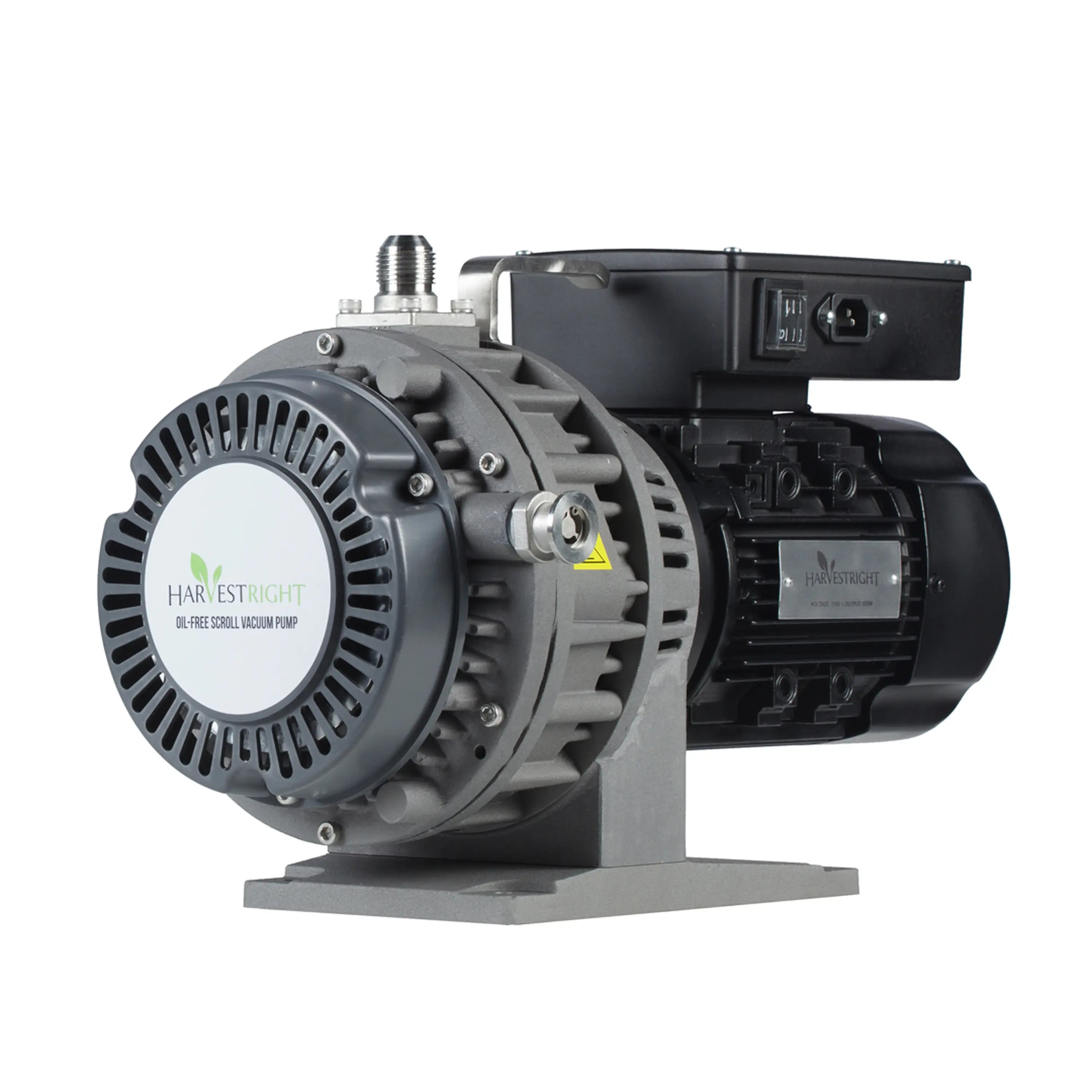 Oil-free vacuum pump angled view showing port panel and vented fan cover