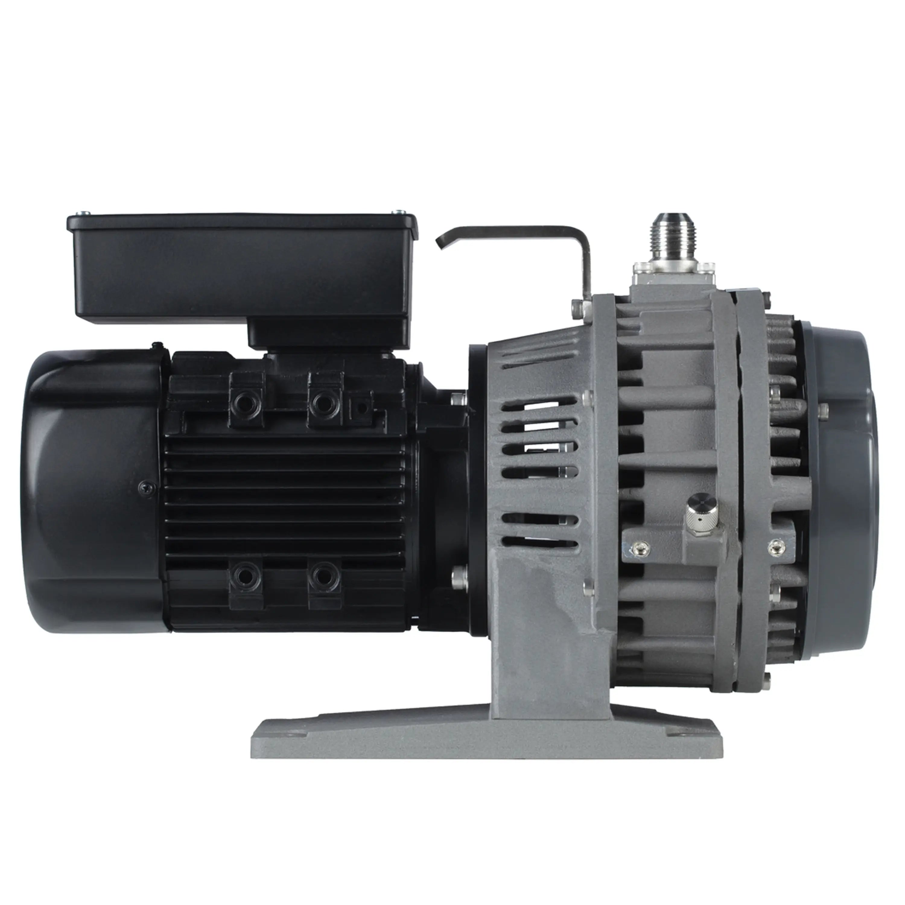 Oil-free vacuum pump with black housing, cooling vents, and outlet connection