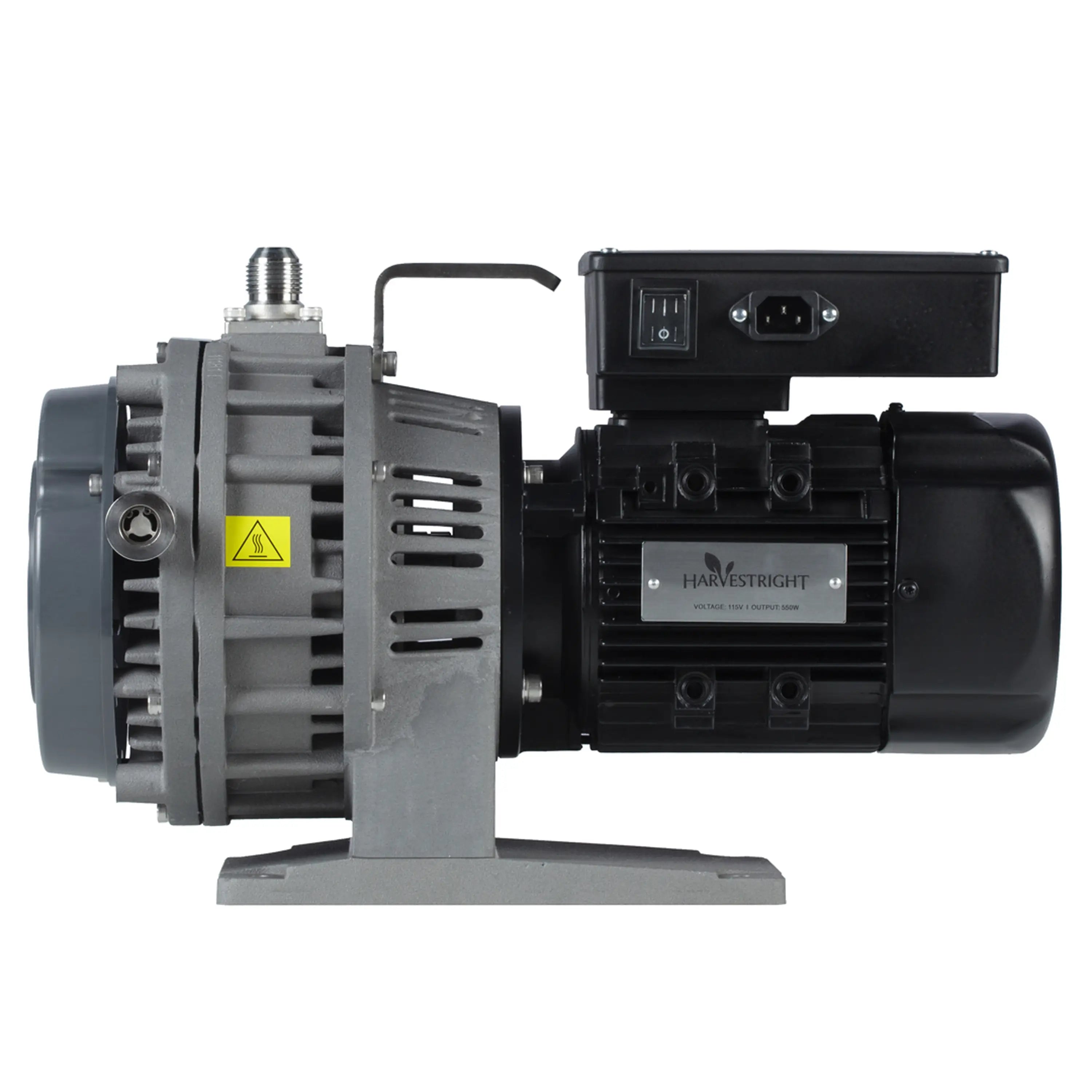Oil-free vacuum pump side view with power port panel and warning label