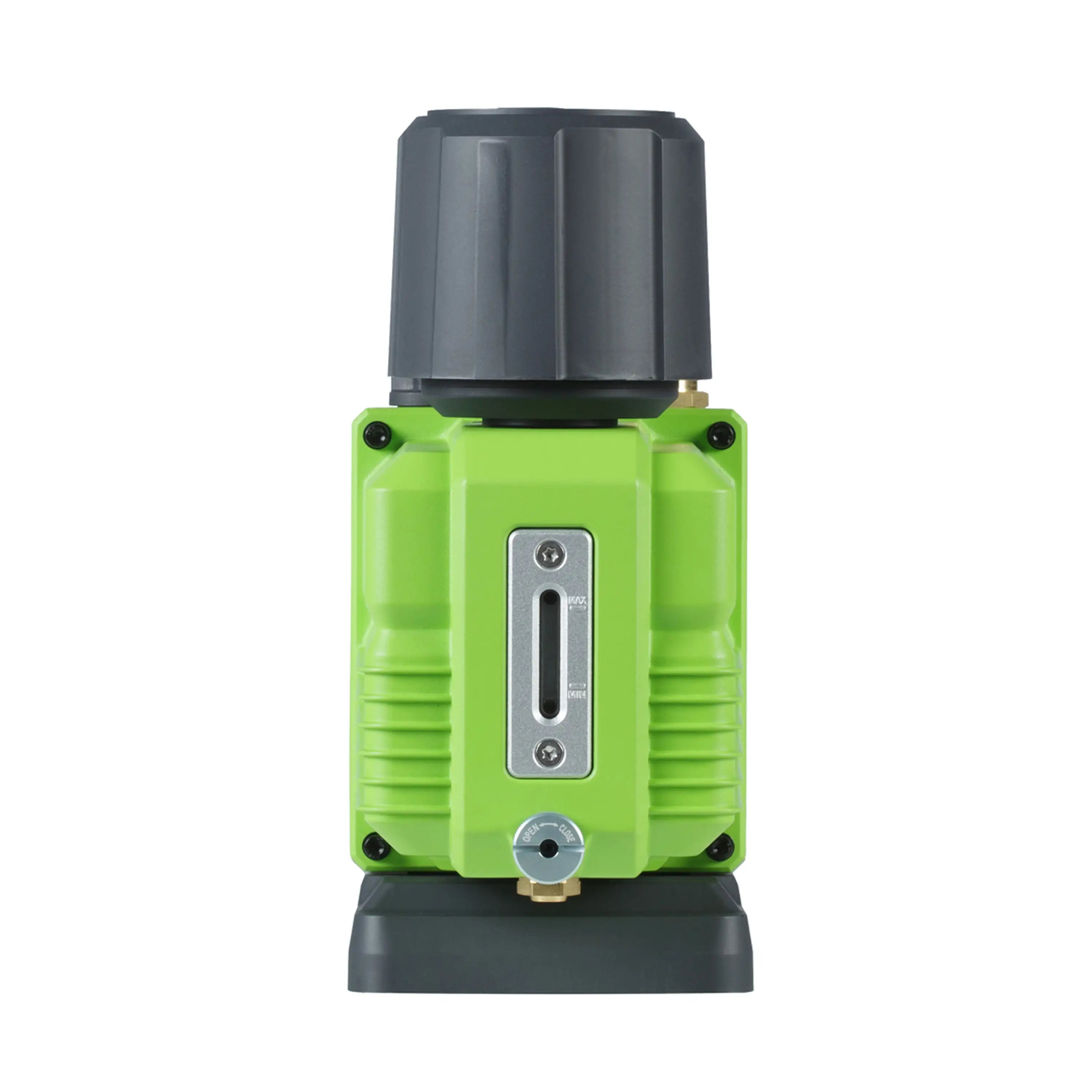 Green industrial pump with black motor housing, front outlet panel, and base