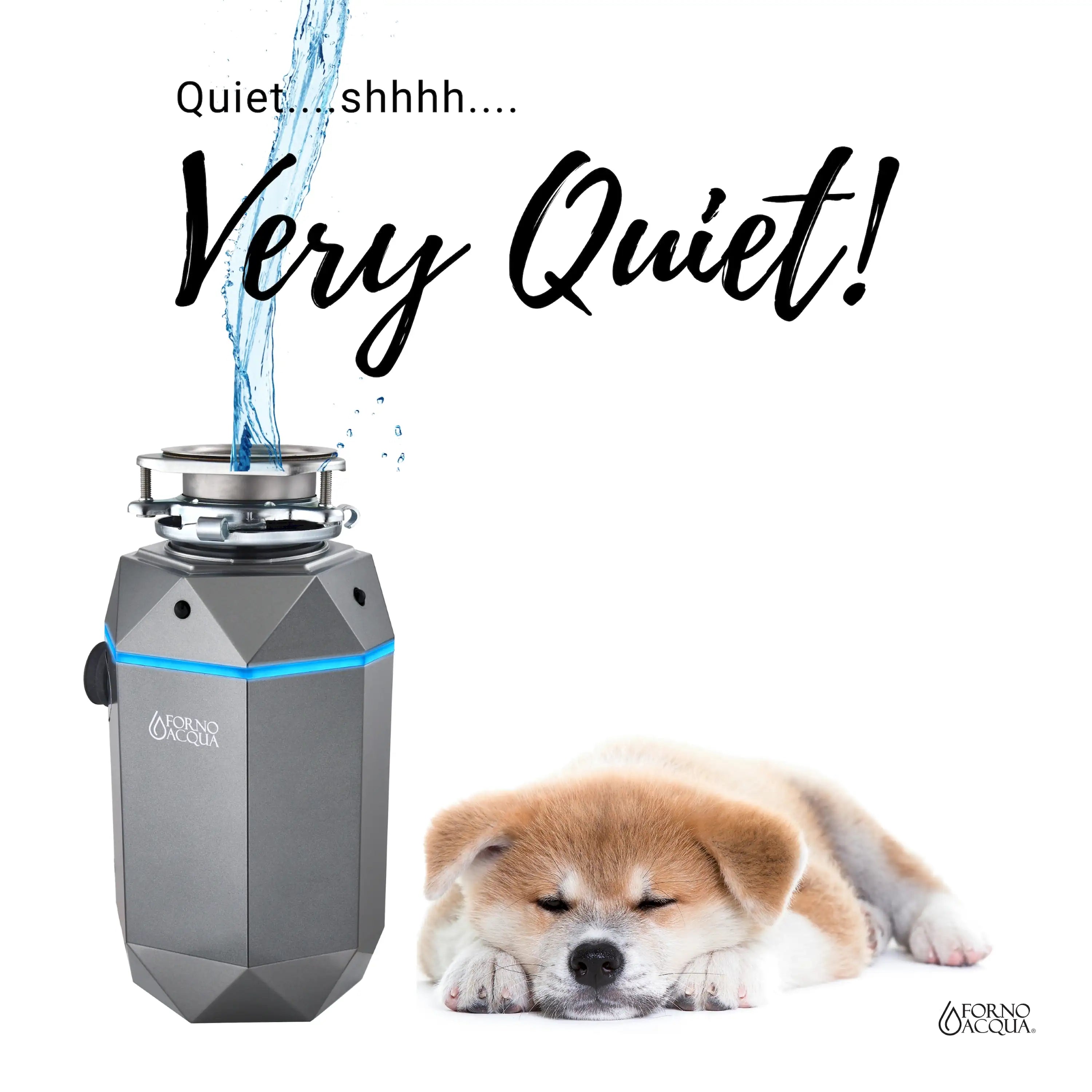 Quiet garbage disposal unit, dark gray with blue accent and top feed inlet