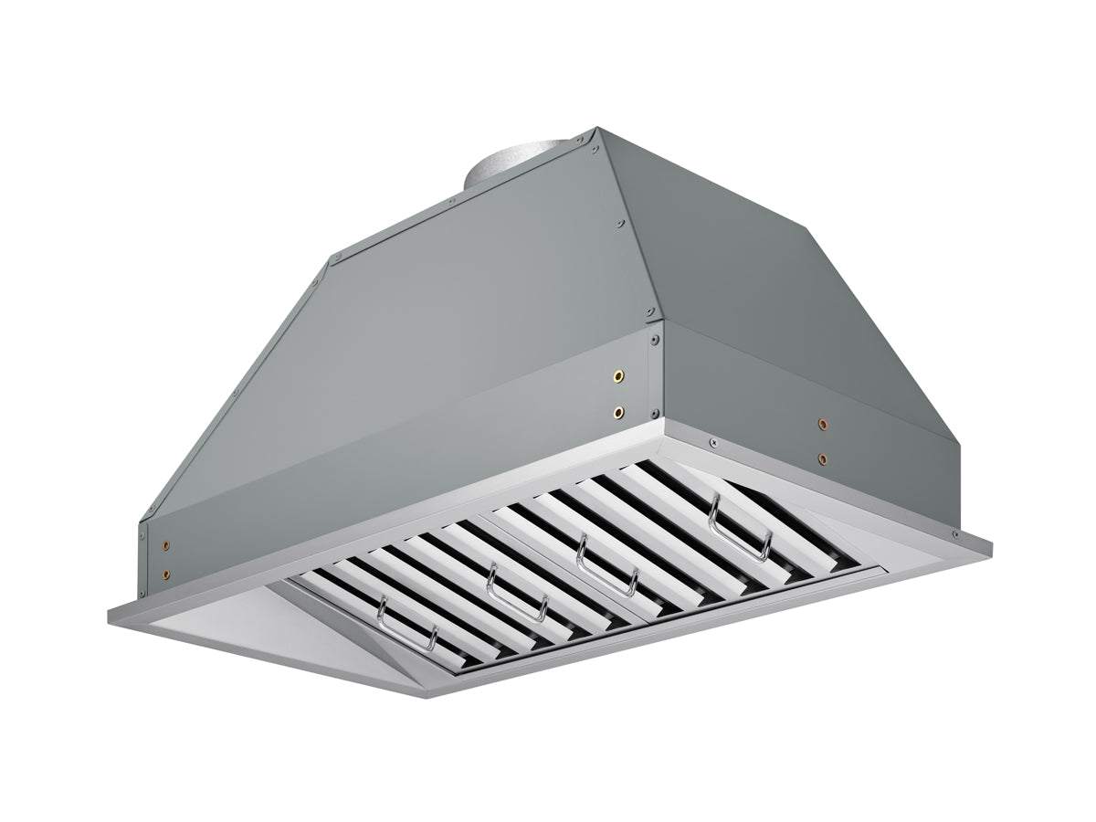 Stainless steel range hood insert with sloped canopy and exposed filter baffles