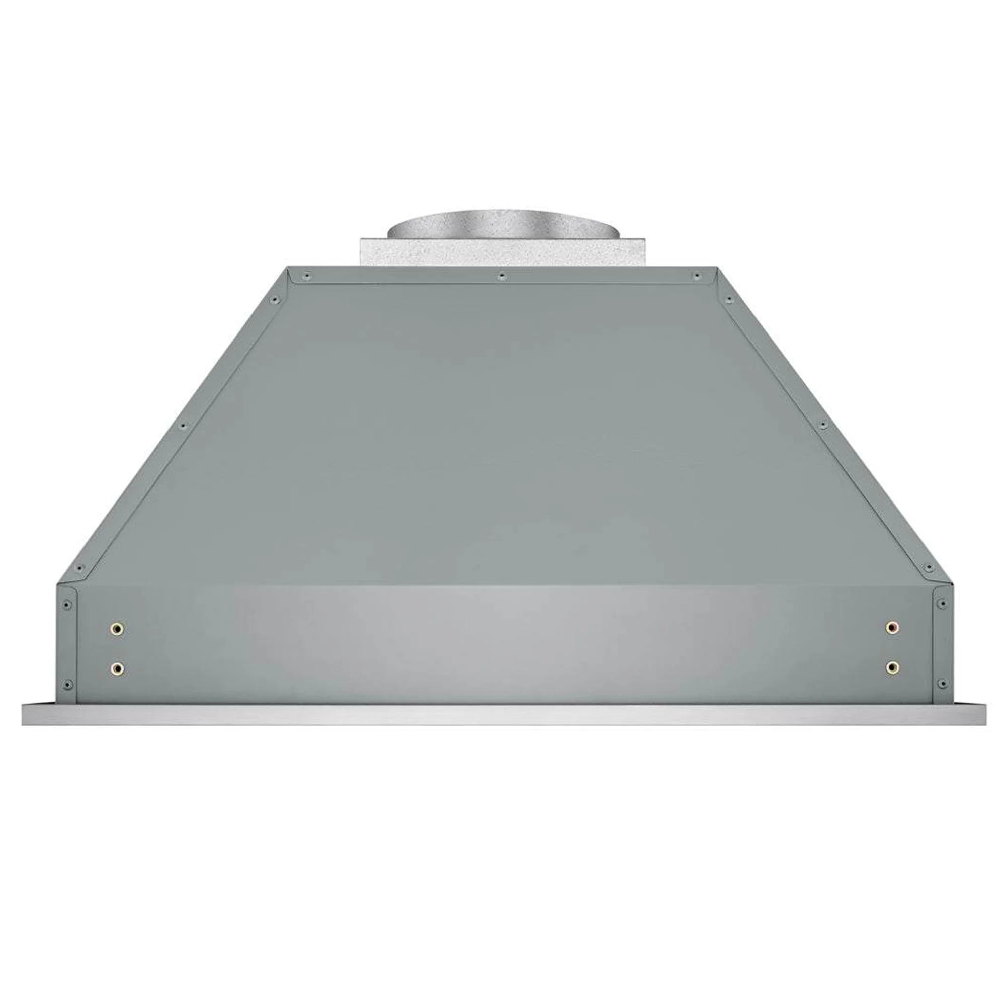 Stainless steel range hood insert with flared top vent and side mounting screw points