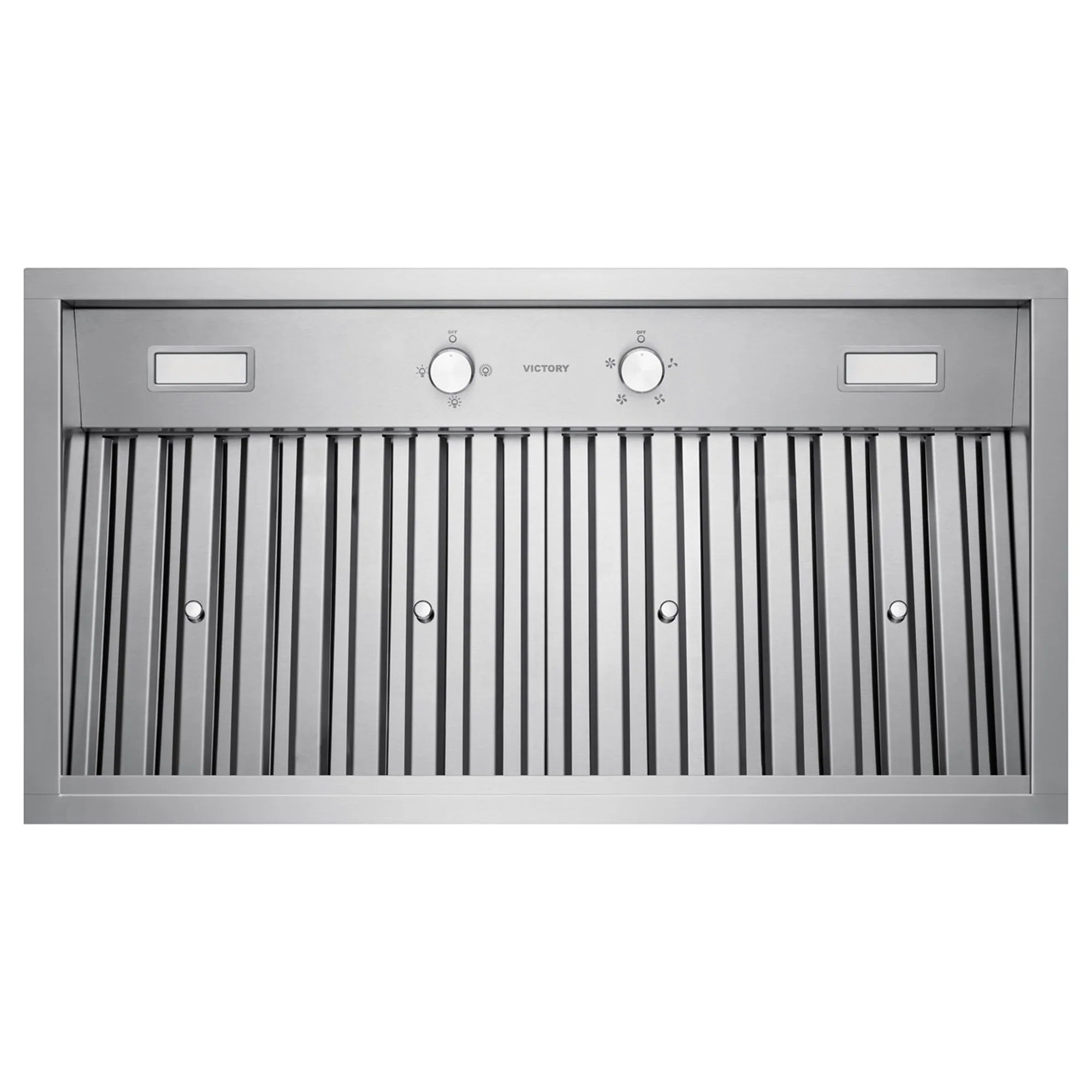 Stainless steel range hood insert with front grille, indicator windows, and rotary controls