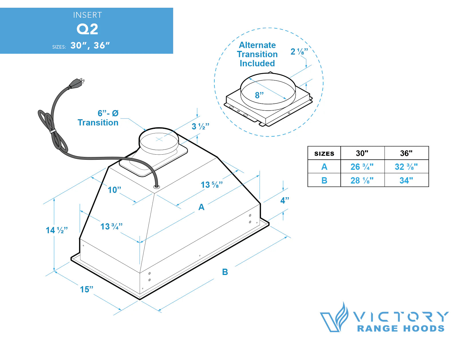 30-inch stainless range hood insert diagram with transition outlet and dimensions