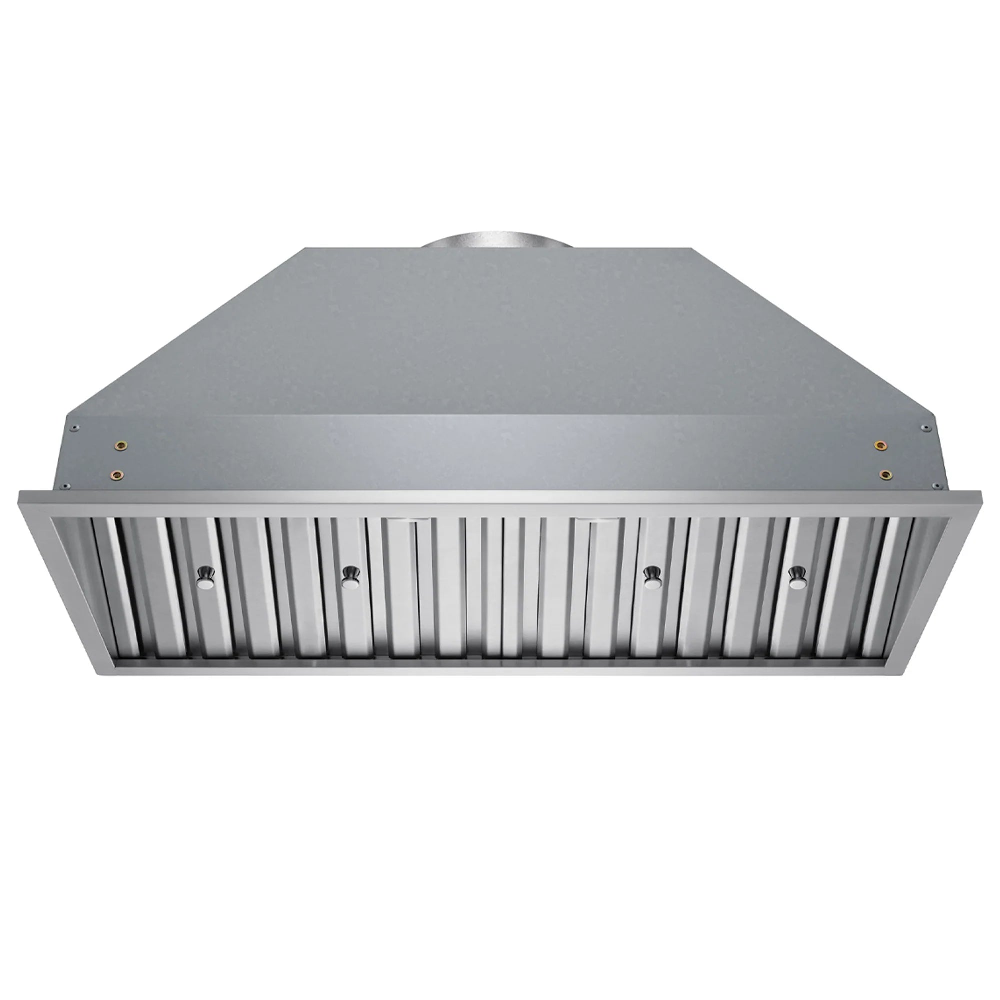Stainless steel range hood insert with vented grille and front control knobs