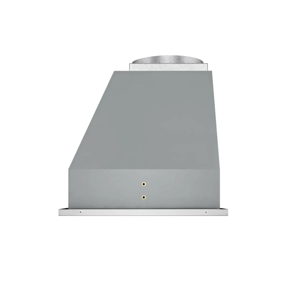 Stainless steel range hood insert angled view with rear vent opening and control mounting holes