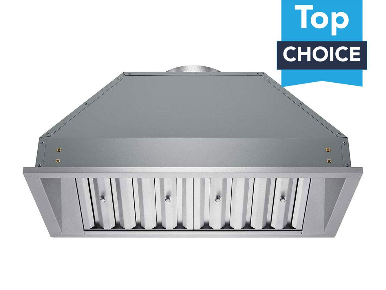 Stainless steel range hood insert with front grease filters and chimney-style canopy