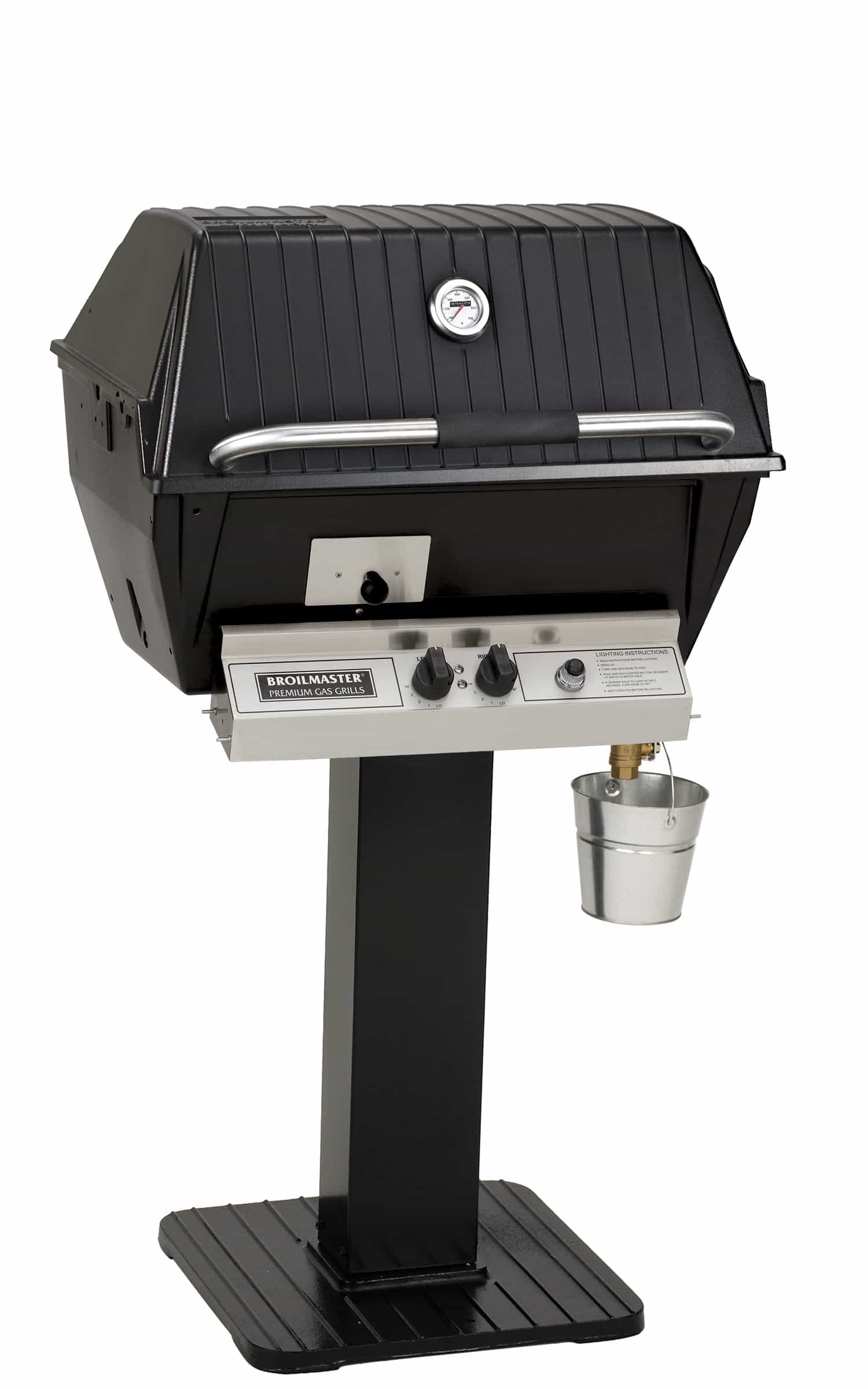 Broilmaster black patio post grill with side shelf and control knobs, lid closed