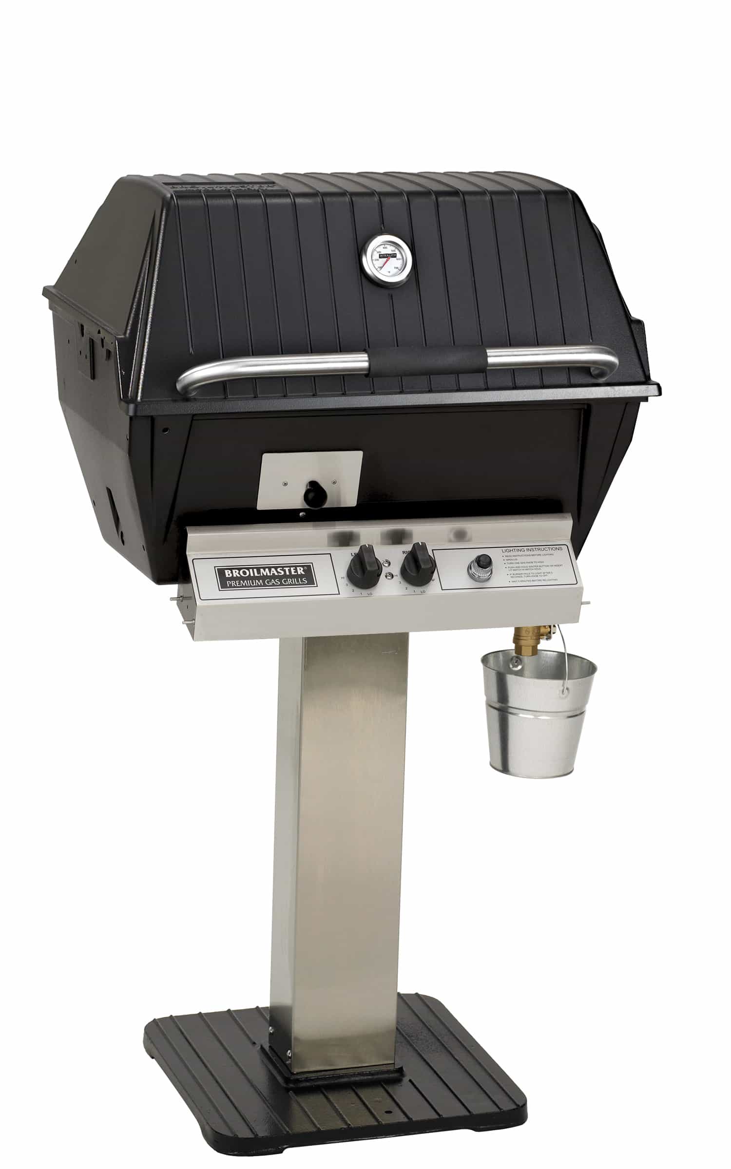 Stainless steel patio grill post with cast iron base and black built-in grill
