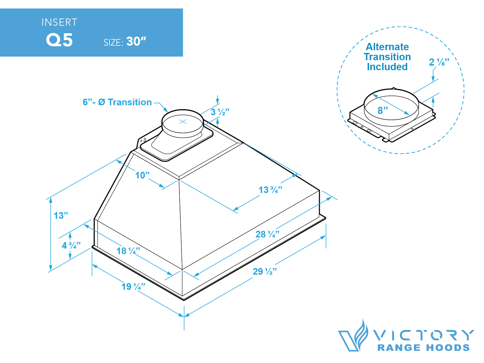 Victory Q5 30-Inch 750 CFM Insert Range Hood with Round Lights in Stainless Steel (Q5-30-RND)