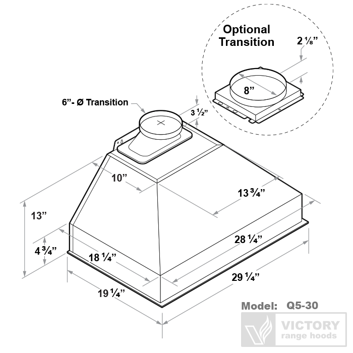 Range hood dimension diagram for Q5-30 showing transition and insert measurements