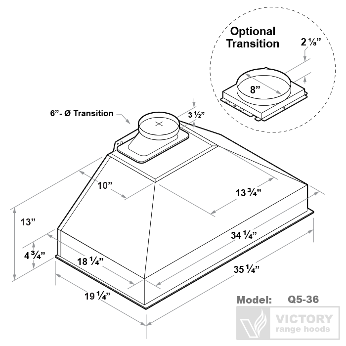 Range hood insert size diagram showing dimensions and 6-in transition and 8-in optional transition