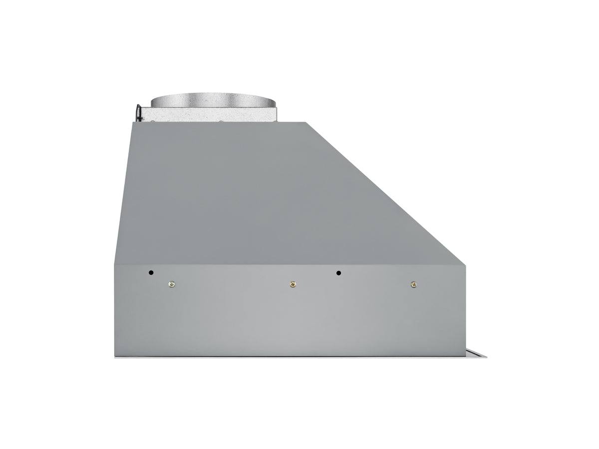 Stainless steel range hood insert with side duct outlet and sloped front housing.