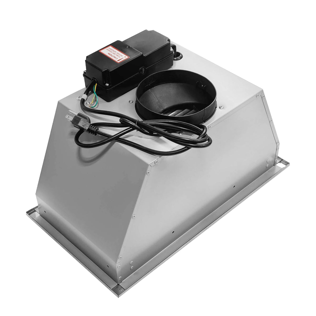 Stainless steel range hood insert motor housing with wiring and round duct collar