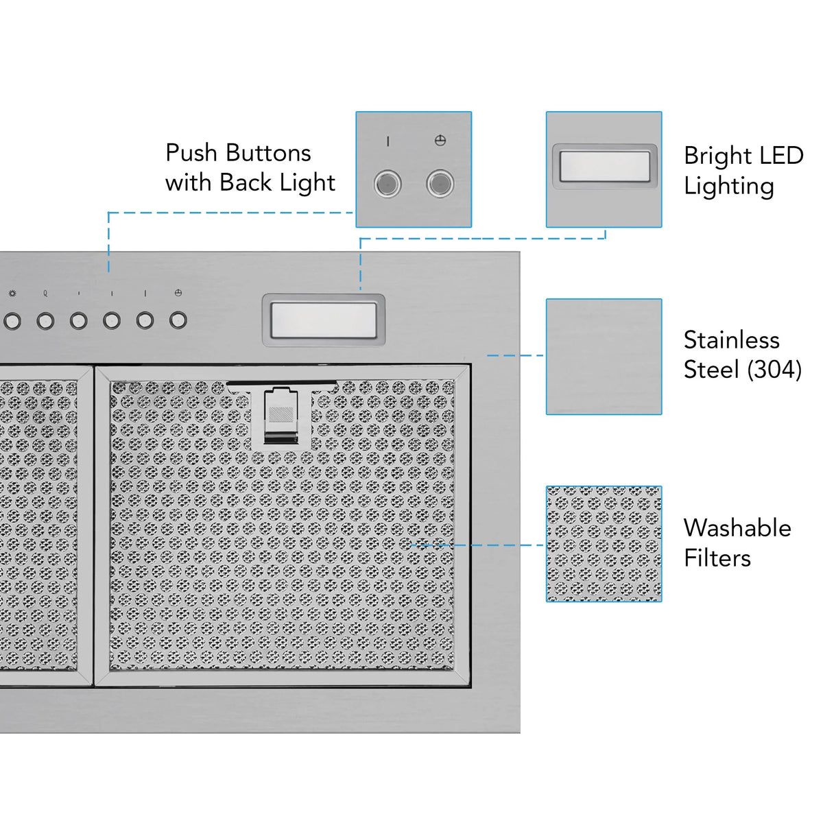 Stainless steel range hood insert with push-button controls and bright LED lighting