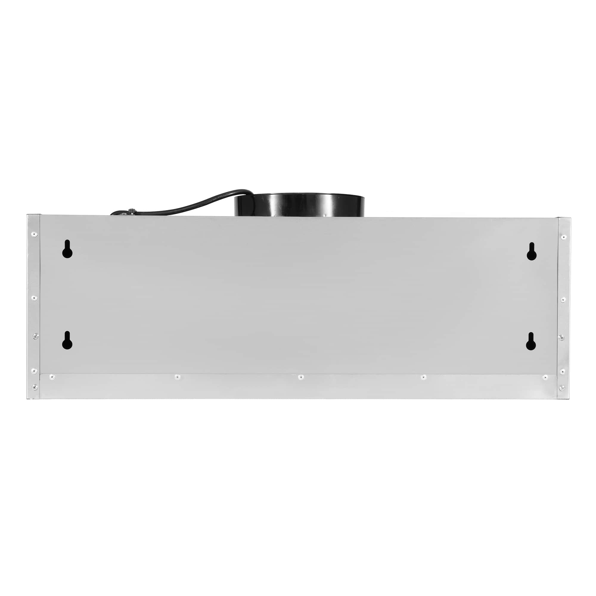 Stainless steel under-cabinet range hood back panel with mounting holes