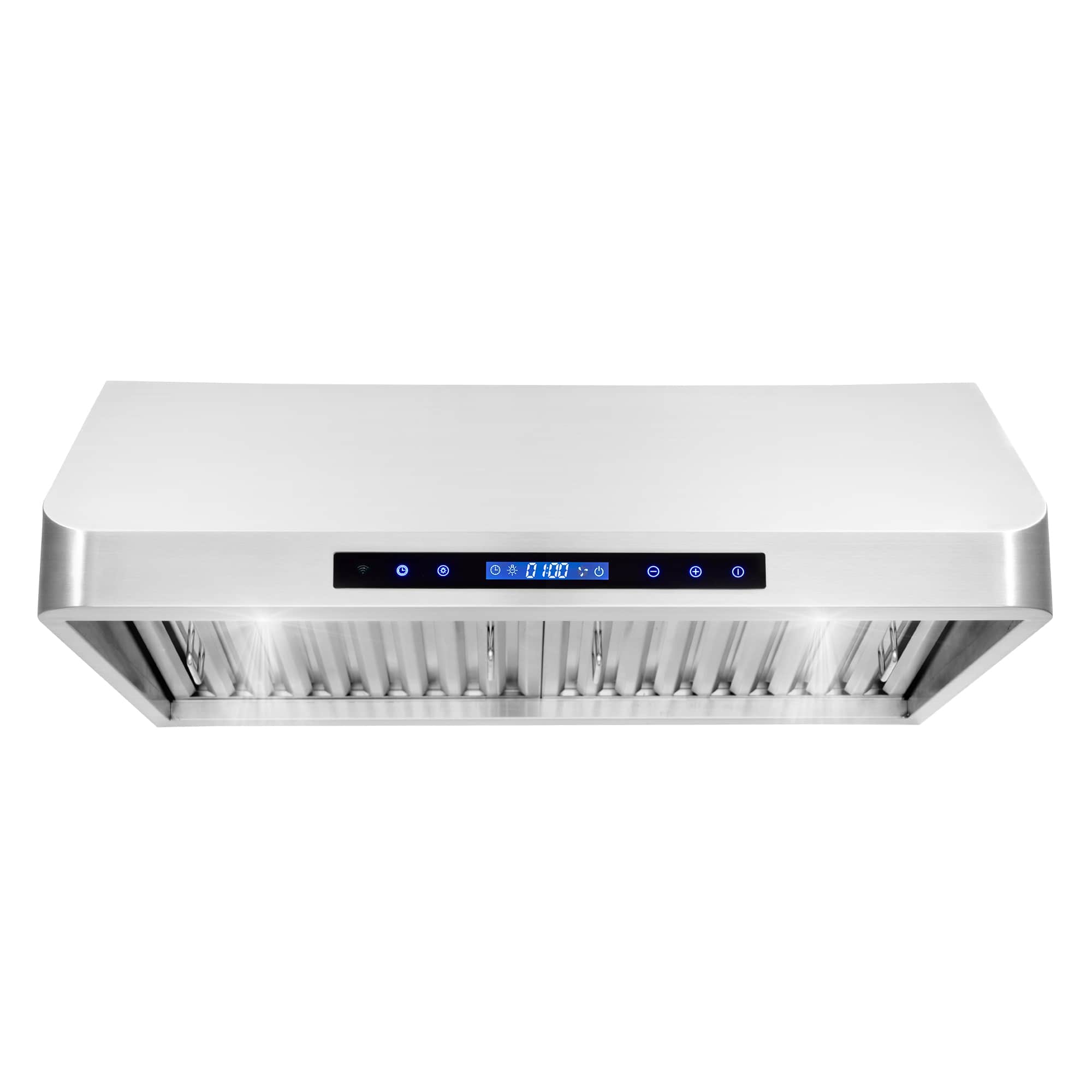 Stainless steel under-cabinet range hood front view with digital control panel and baffle filters
