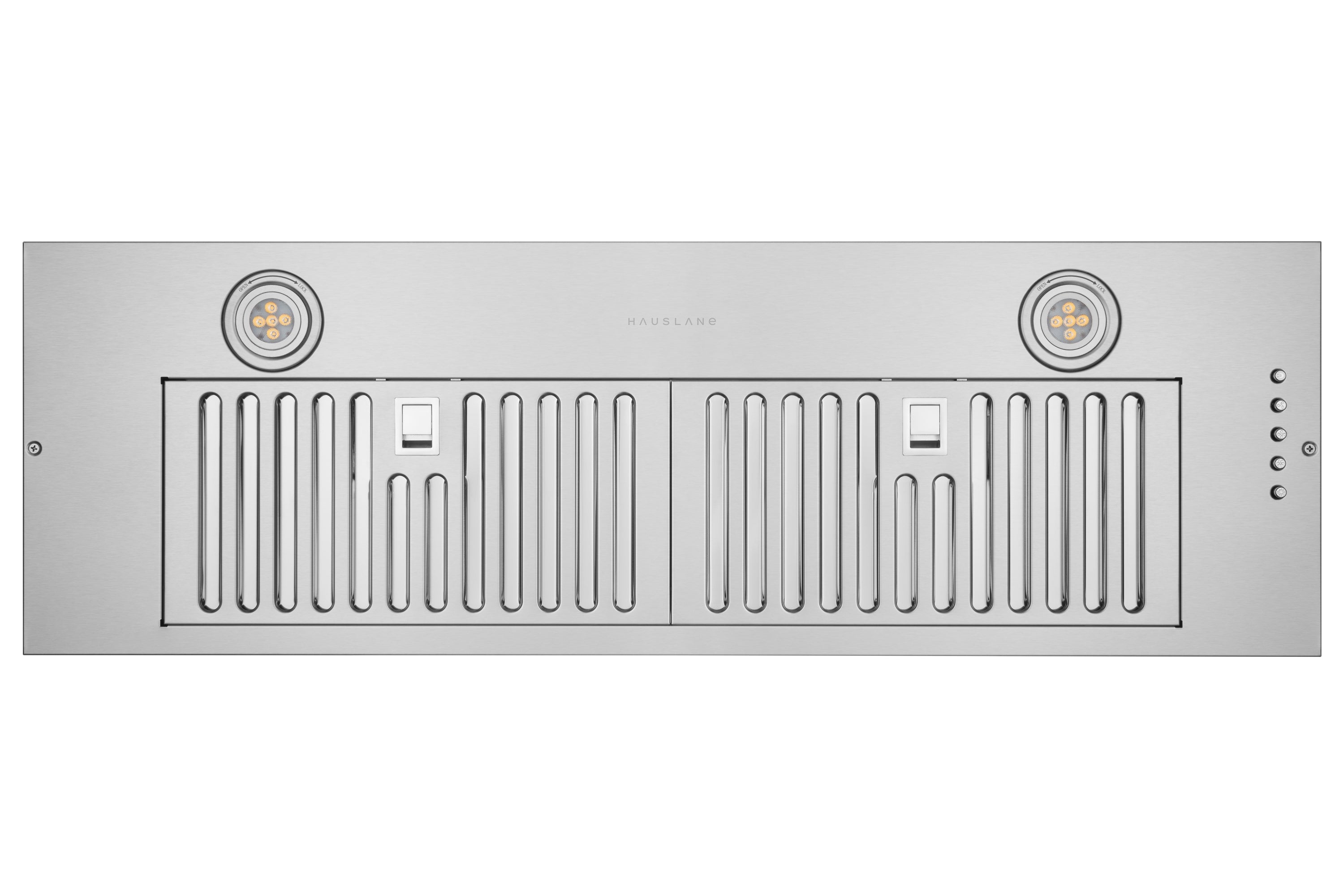 Stainless steel range hood insert with two filter sections and side control buttons
