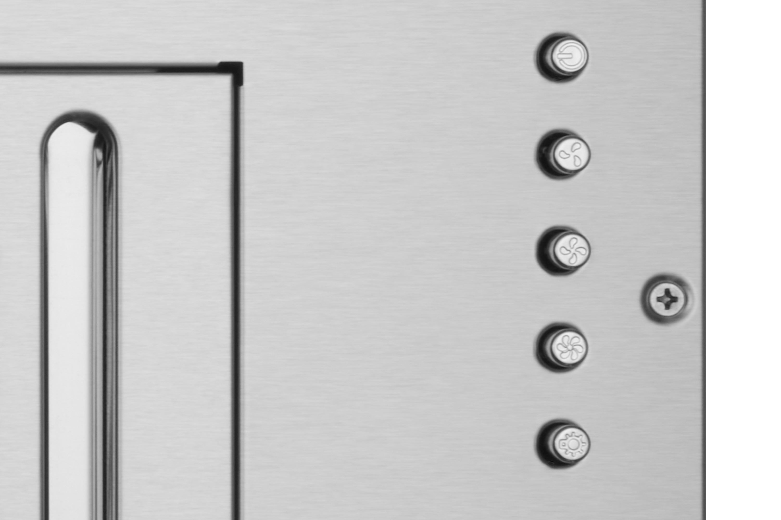 Stainless steel range hood insert control panel with round buttons and plus icon