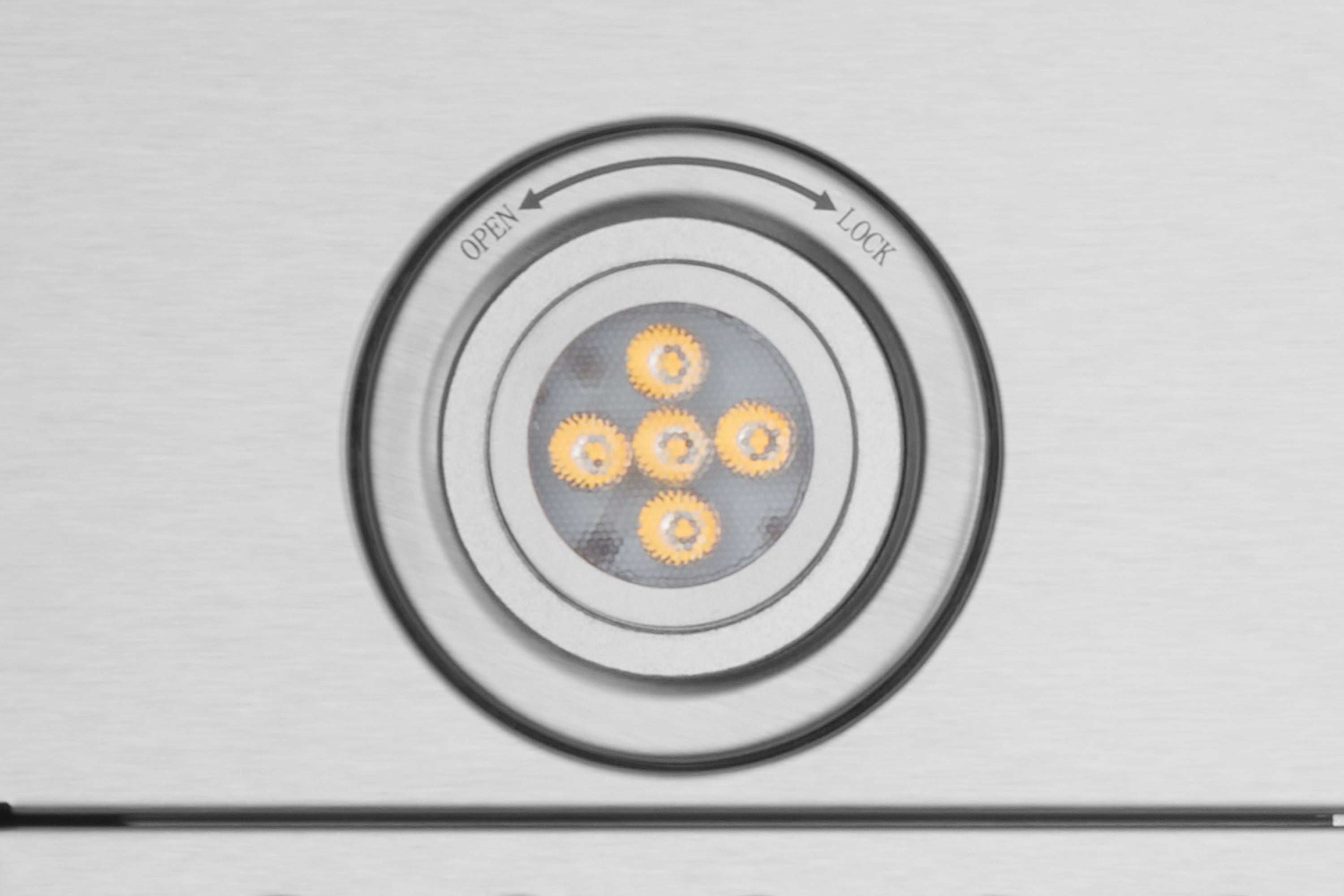 Stainless steel round vent cover with lit LED rings and open/lock markings