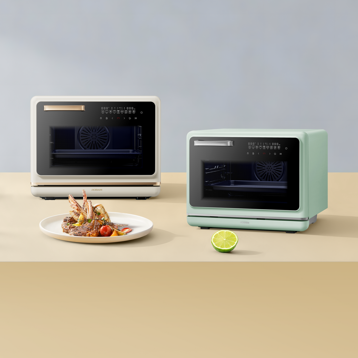 Cream and mint combi steam ovens, both with glass door and control display