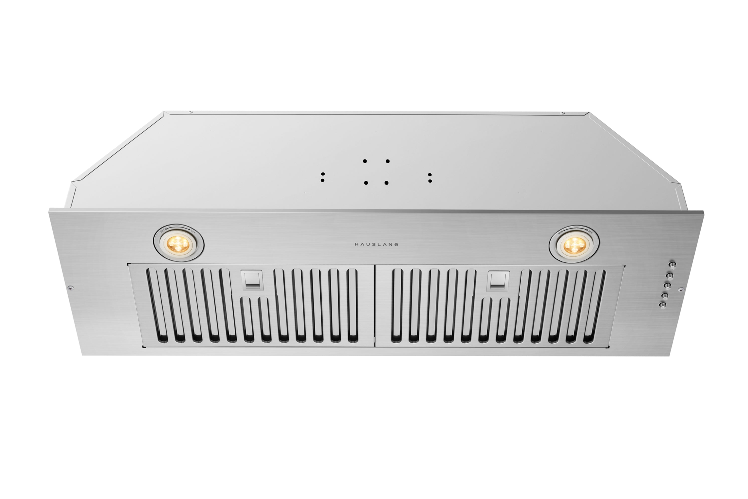 Stainless steel range hood insert with front vent grille and side button panel