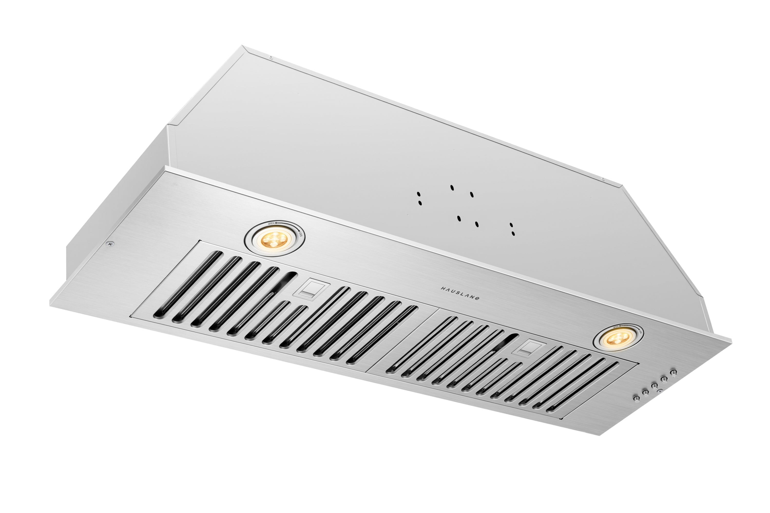 Stainless steel range hood insert angled view with vent grilles and control lights