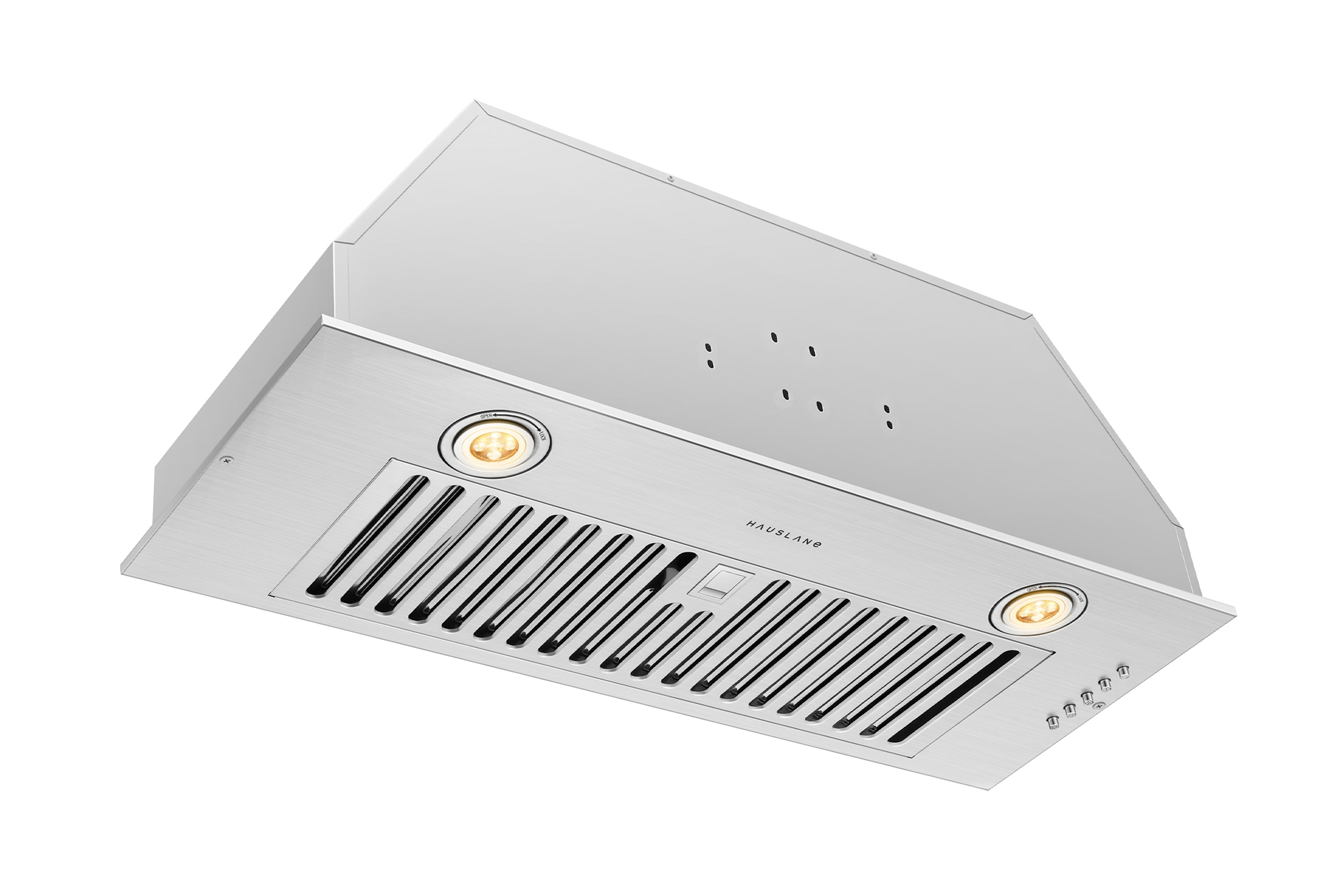 Angled view of stainless steel range hood insert with vented filter grilles