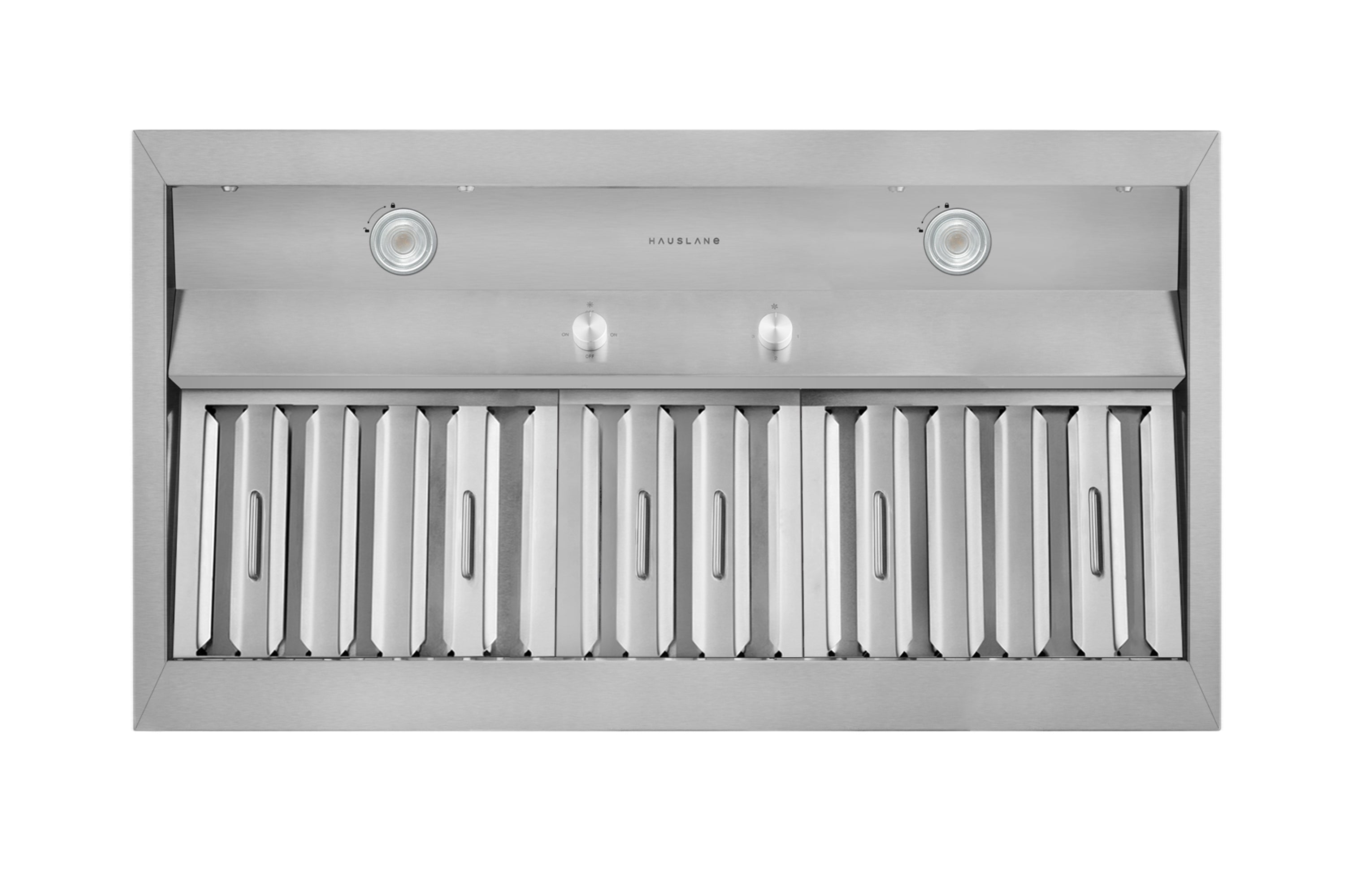 Stainless steel built-in range hood insert with front vent louvers and two top lights.