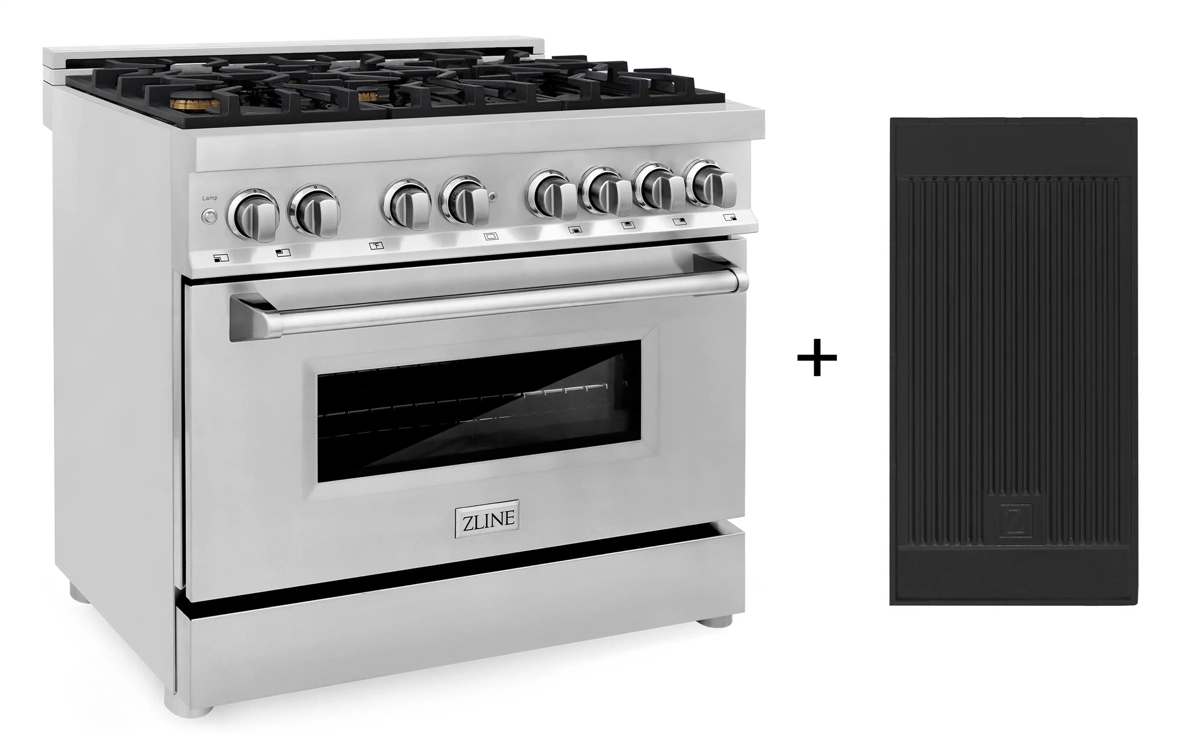 Stainless steel dual fuel range with included black griddle accessory panel