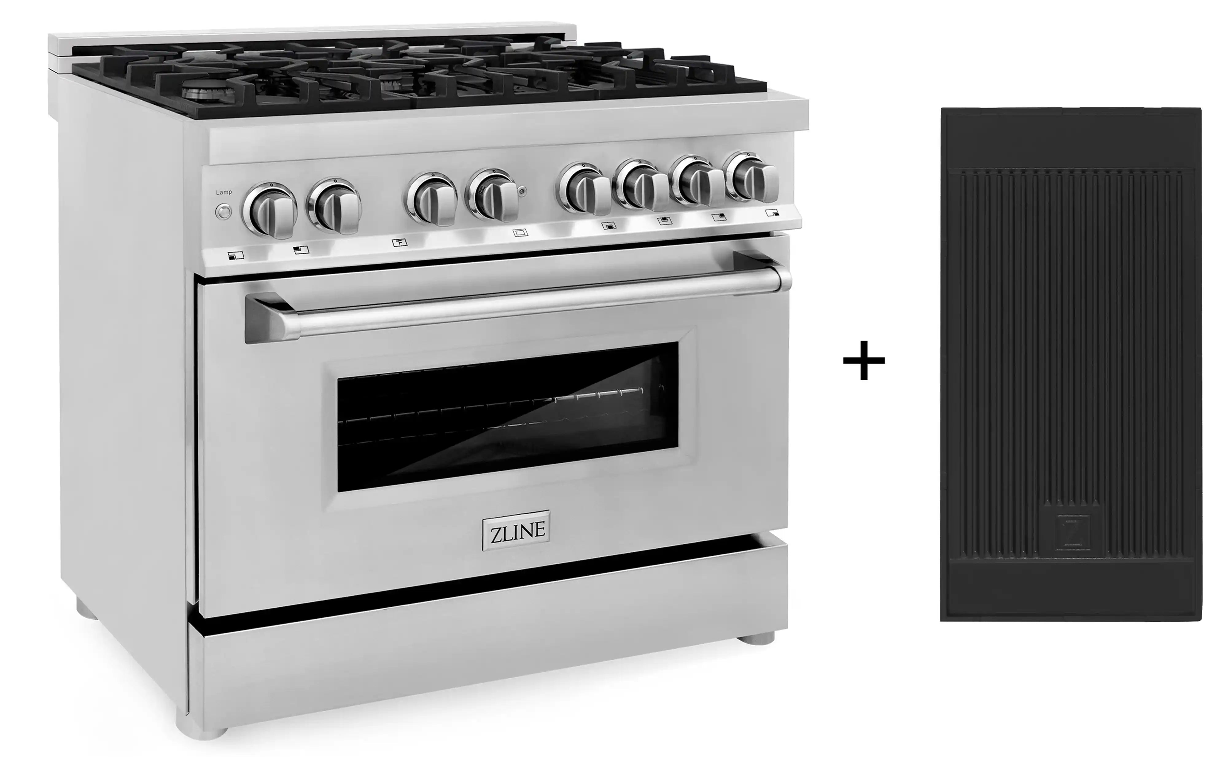 Stainless dual fuel range with oven door and included black griddle accessory.