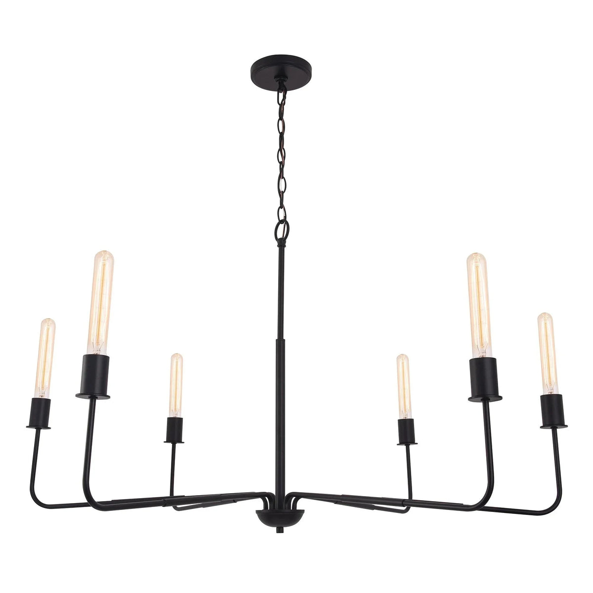 Black 6-light chandelier with curved metal arms and clear candelabra bulbs
